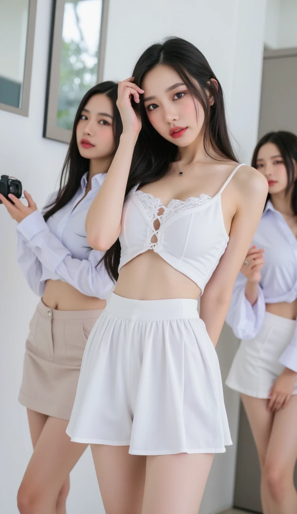 Two boys touching each other's breasts、Wearing sexy lace lingerie and stockings, 16 year old boy, sticking out, masterpiece, (bulge in crotch:1.9), (flat chest:1.8), bra, panties