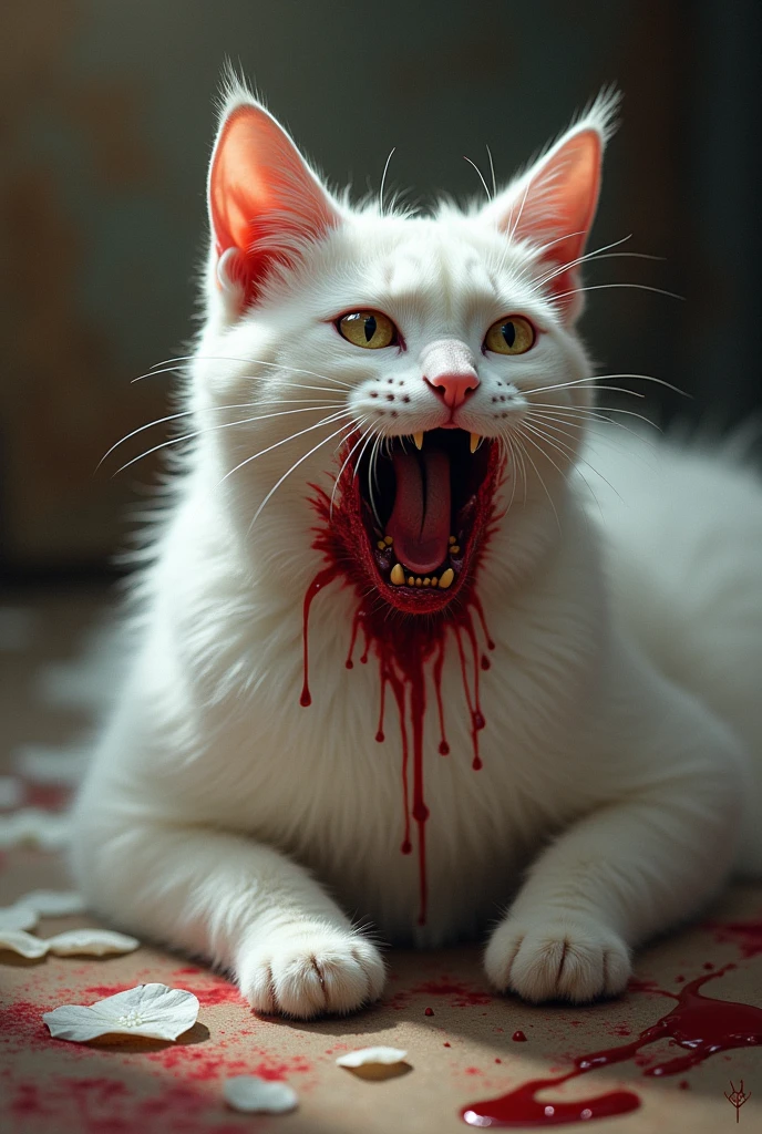 Close up of a black and white cat inside a house sitting behind a bloody tongue on the ground 