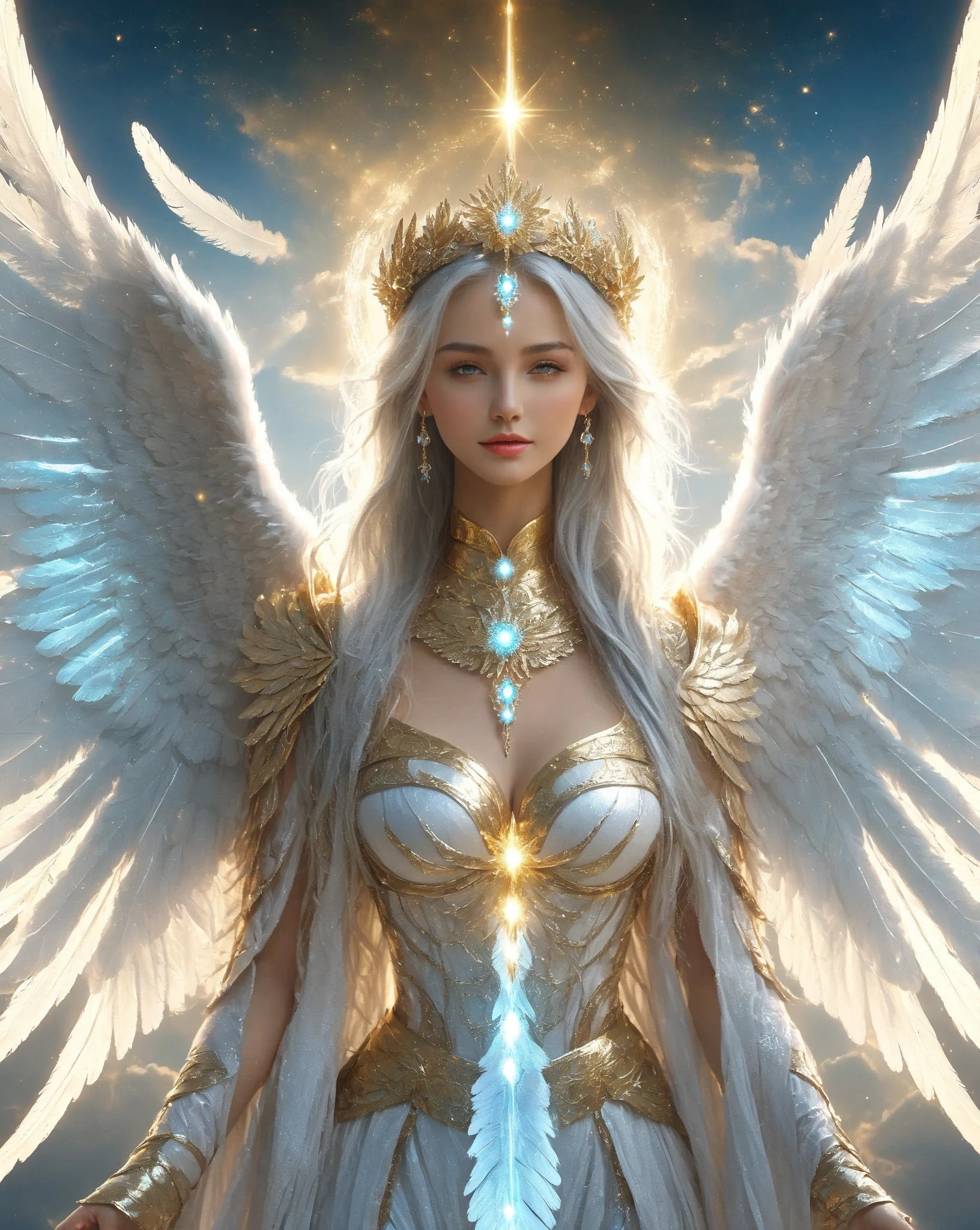 A sexy angel white silver orange hues big gigantic breast and very large wings with sun flares emitting and swirling giving powerful power surges of energies