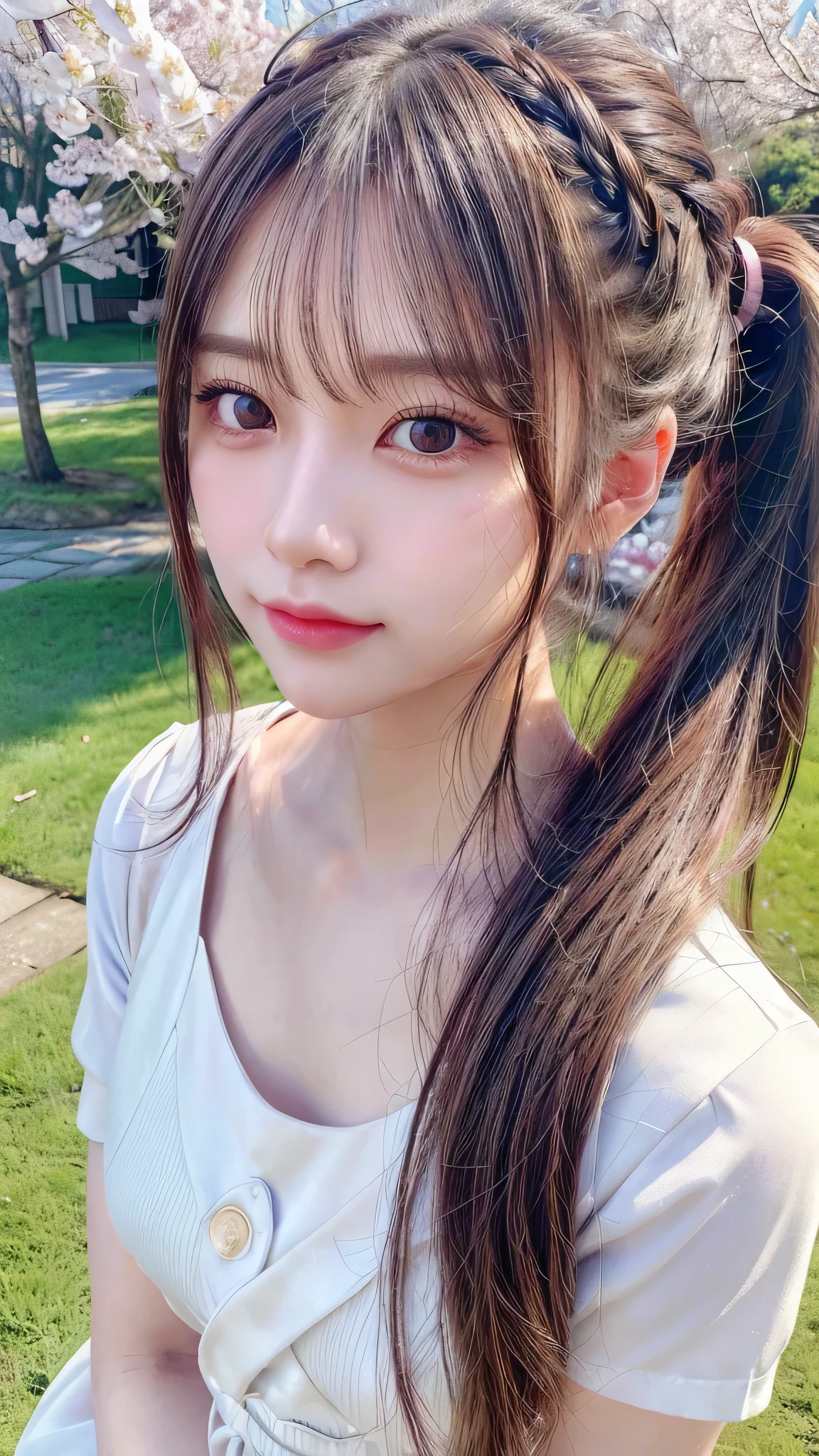 One piece with collar,outdoors,Urban Park,On the lawn,Ultra-detailed, finely detail, hight resolution, 8K Wallpaper, Perfect dynamic composition, Beautiful detailed eyes,Outdoor,Close-up of face,Outdoor,Blushing,Facing forward,,Long hair ponytail,((8k, Raw photo, Best Quality, Mastepiece:1.2), (Realism, Photorealistic:1.4), (Highly detailed 8K wallpapers), Depth of written boundary, Cinematic Lighting, Soft Light, Detailed Beauty Eye,Shiny and smooth light brown ponytail, Asymmetrical bangs, Shiny skin, Ultra-detailed skins ,It is high resolution., High detail, Detailed hairstyle, Detailed facial beauty, Hyper-realistic, Perfect limbs, Perfect Anatomy ,1 Japanese girl,Famous Japanese Idols, Perfect female body,A shy smile,Short eyelashes,Double-edged eyelids,Look straight here,Hair style: ponytail,ストリートスナップ