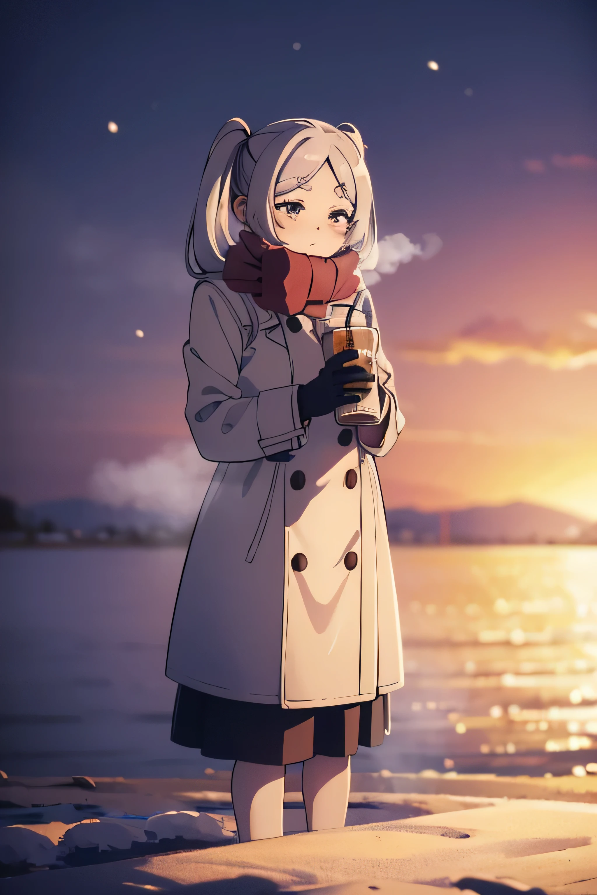 葬送の Freelancing, Freelancing,happiness,a cute adult women wearing a warm winter coat and scarf, standing in a snowy landscape, steam rising around her, with rosy cheeks and wearing gloves,longeyelashes,soft lighting,snow,winter,cozy,warm,steam,red cheeks,gloves,mufflengr,holding drink,light eye,barefoot, heart emoji , Twin Tails, snowy background ,Steaming cheeks,