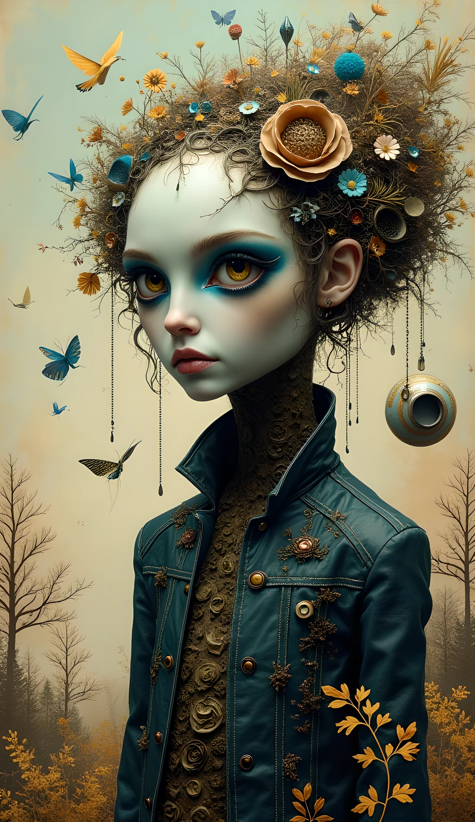 There is a woman with a flower in her hair and a blue jacket - SeaArt AI