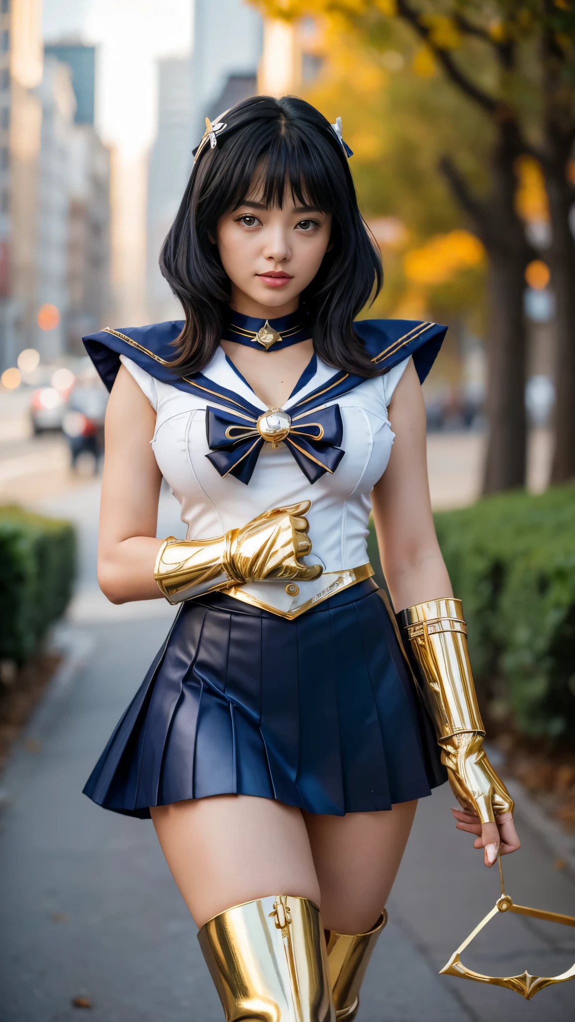 zPDXLrl, score_9, explicit rating, masterpiece, top quality, ultra HD quality details, realistic. A young Korean girl in the middle of the city, dressed in a combination of Sailor Saturn and Saint Seiya armor. She has the characteristics of a tall and big body, a baby face, large breasts, firm breasts, a deep cleavage, thin lips, shiny lips, bright blue eyes, short black hair, (((characteristic of Sailor Saturn's hair))), and wears a dark blue pleated mini skirt, a pleated skirt, a super short mini skirt, a dark blue choker, a large bow tie on her chest with a shiny dark blue brooch in the middle, a dark blue sailor collar with (2) white stripes, long white gloves, and knee-high boots. Her Sailor outfit perfectly blends with the Saint Seiya-style armor, featuring metallic gold shoulder pads at the ends of the sailor collar, metallic gold waist guards on the right and left (but not covering her mini skirt), metallic gold arm guards that do not cover the entire gloves, and metallic gold leg guards that do not cover the entire boots. Her outfit is elegant, sexy, and intricately designed, complementing the grace of her Sailor uniform. She is standing upright, looking at the camera, radiating both elegance and strength, with a blurred background of the city, streets, and trees. Realistic.