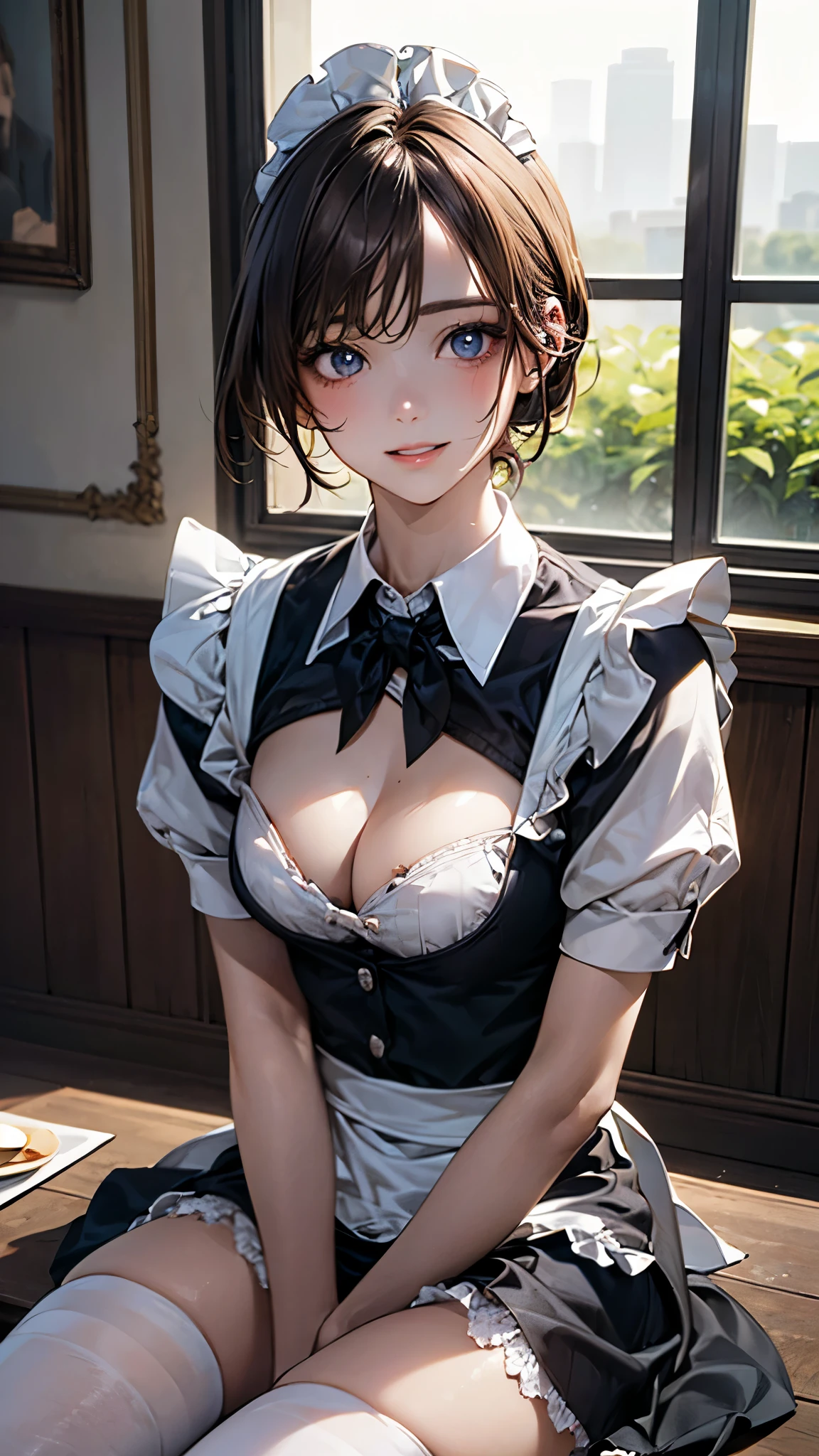 ((((masterpiece, Highest quality, High resolution)))), Extremely detailed 8K, Beautiful girl with a voluptuous body, (Ultra HD, Super detailed, Very detailed, Very realistic, Ultra-realistic, Photo Real), (One girl:1.5), (Realistic white hair), (Short Wavy Hair, hair ornaments, Earrings), (Dynamic pose), To the camera, View your viewers, (blush, Embarrassing, smile), (Purple eyes, Sharp eyes), (Firm breasts:1.2), (Beautifully detailed face, Beautiful attention to detail), ((Maid clothes, Maid Apron, Cat Ear Headband)), (detailed pussy), Sweat, shine, (Sunbeam, sunlight), coffee shop, ((Highest quality、High resolution))、Portraiture、Perfect body、Beautiful and bountiful breasts、Sexually excited expression、((throw、maid shows pussy))、Love Juice、I'm inviting you to have sex,(nsfw)