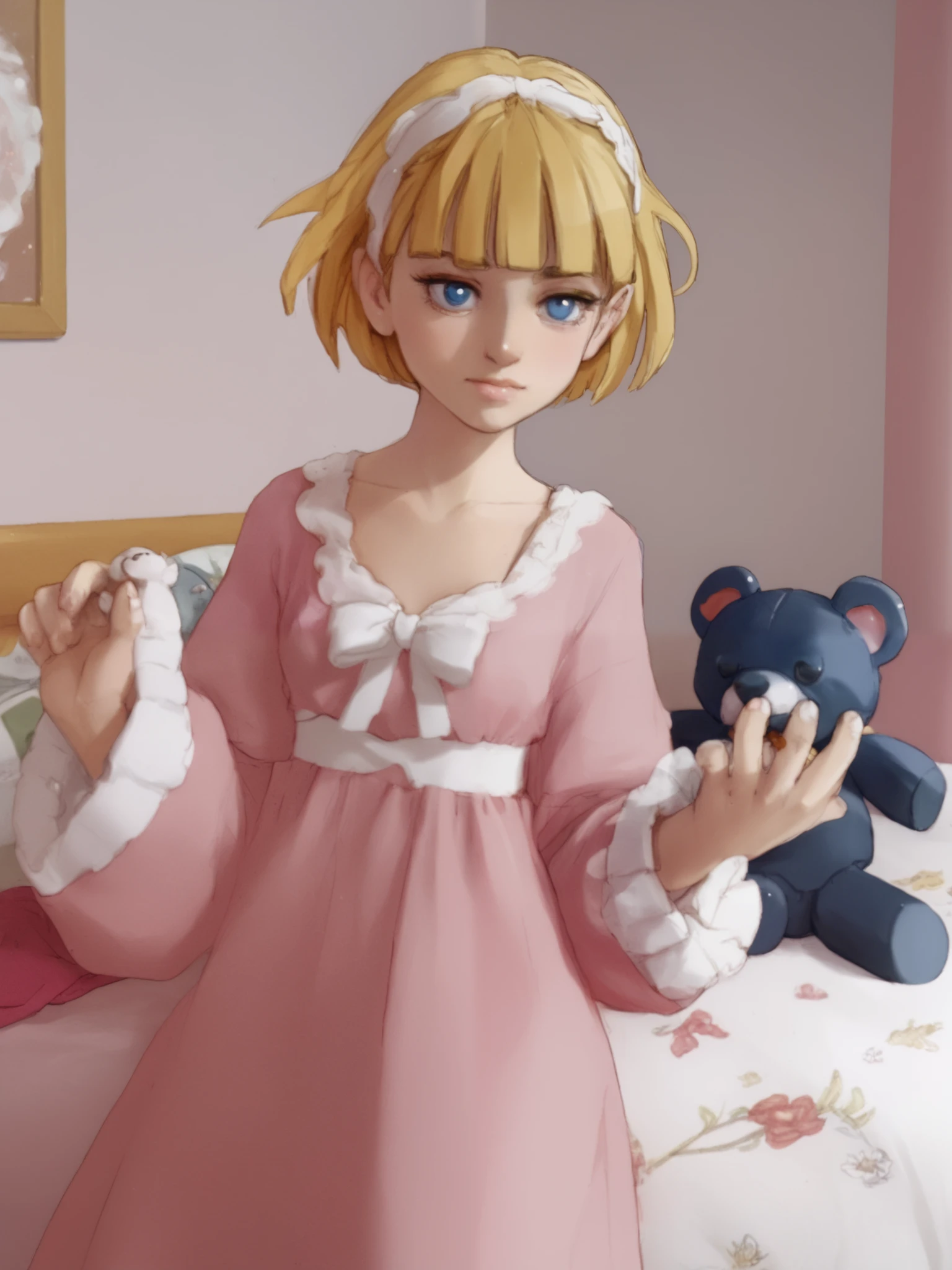a very young , Long dress in pink pajamas 、 Full image of a girl holding a teddy bear , blue eyes、 Light pink room in the background 、 short hair, mystery,bow hair, whole body,bed in the background 、 Blue eyes and short hair ,quarto feminino beautiful, beautiful, fofo, hair fringe ,penteado babydoll, blonde looking at the camera 、 A cutie in a long red dress and holding a teddy bear is surrounded by a black teddy wolf in the background.、 Full image of the 、smaller breasts、 Closed windows
Make the entire image fit the frame 。