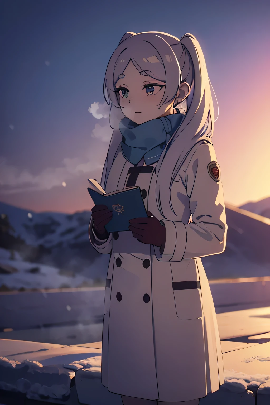 葬送の Freelancing, Freelancing,happiness,a cute adult women wearing a warm winter coat and scarf, standing in a snowy landscape, steam rising around her, with rosy cheeks and wearing gloves,longeyelashes,soft lighting,snow,winter,cozy,warm,steam,red cheeks,gloves,mufflengr,holding Love letter,light eye,barefoot, heart emoji , Twin Tails, snowy background ,Steaming cheeks,