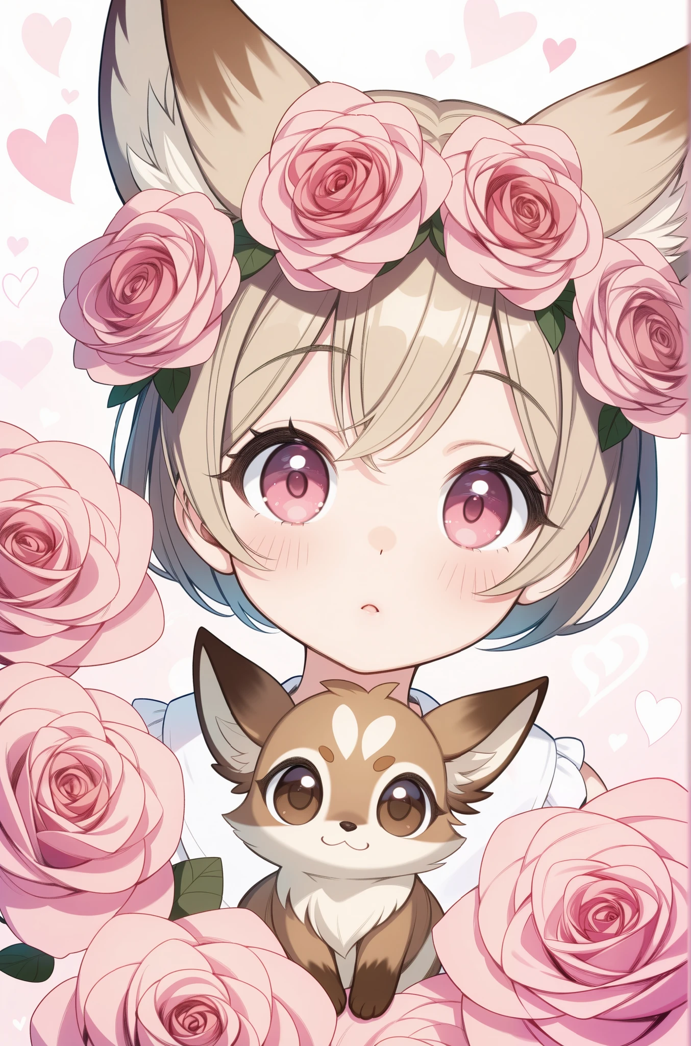 Best quality, masterpiece, ultra high res, a kawaii illustration of a fawn in roses