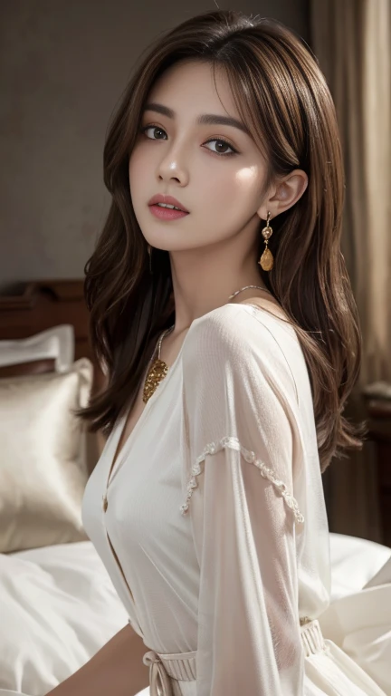 Ultra-high resolution, Superior Quality, Highest quality, Very detailed, Realistic, 8K, RAW Photos, Highest quality, masterpiece, Attractive girl, Awesome girl, Light brown hair、Wavy Hair、 hairstyle semi long、Mesh Hair, Japanese Idols, ear piercing、Necklace around the neck、sexly