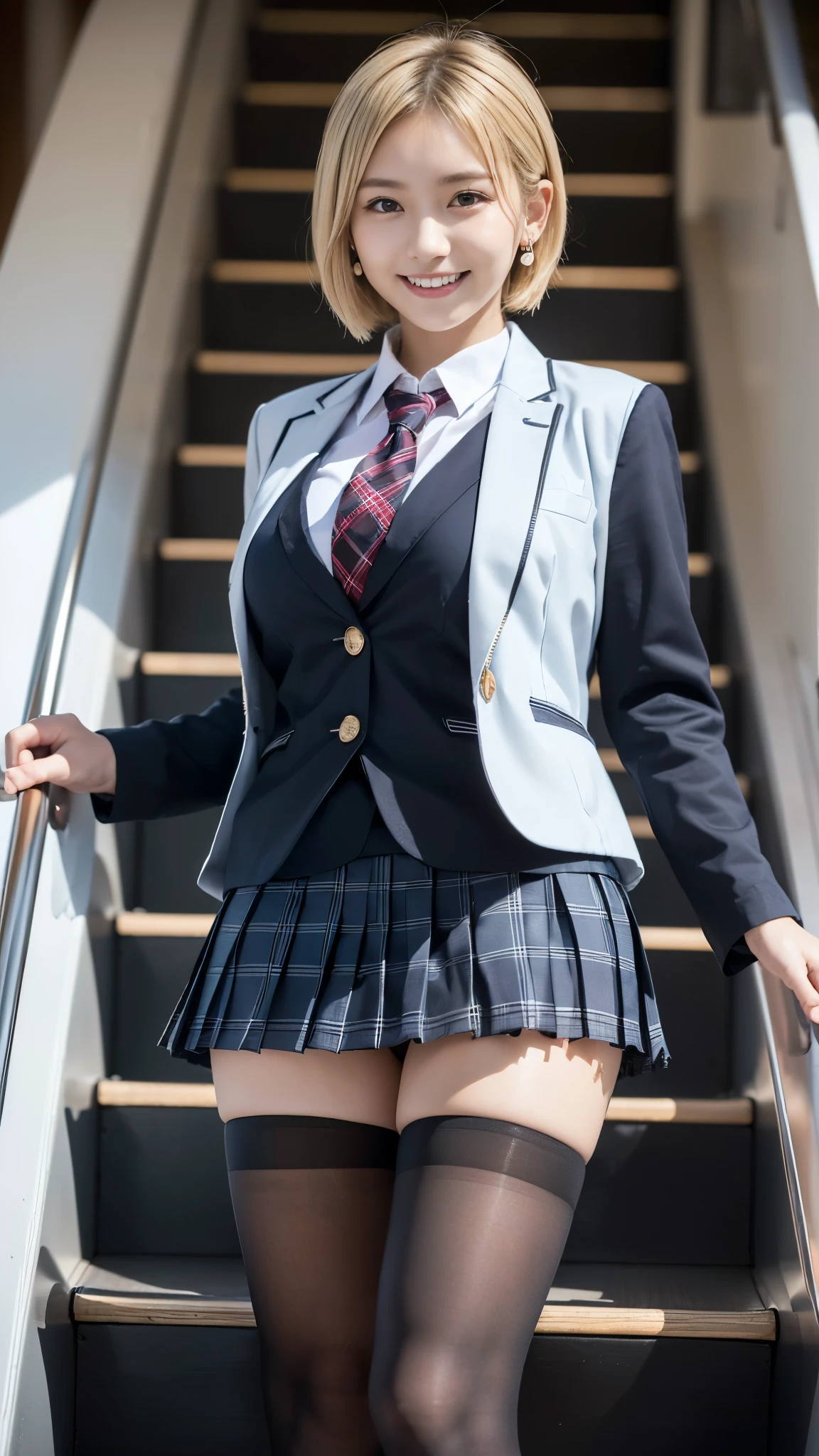 top quality,masterpiece, super high resolution, high-definition RAW color photo, pro pics, natural skin texture , fine skin, hyperrealism, smiles,(Blonde shortcut hair ,Blonde gal,Earrings),gigantic breasts,(( high school girl uniform , white cutter shirt, blazer jacket, plaid pleated mini skirt, black pantyhose)),(( escalatorの上から見下ろす,from below,skirt lift,panty shot,spread legs,skirt grab)),( escalator,sitting),((asymmetrical docking,A group of 2 women who are close to each other))