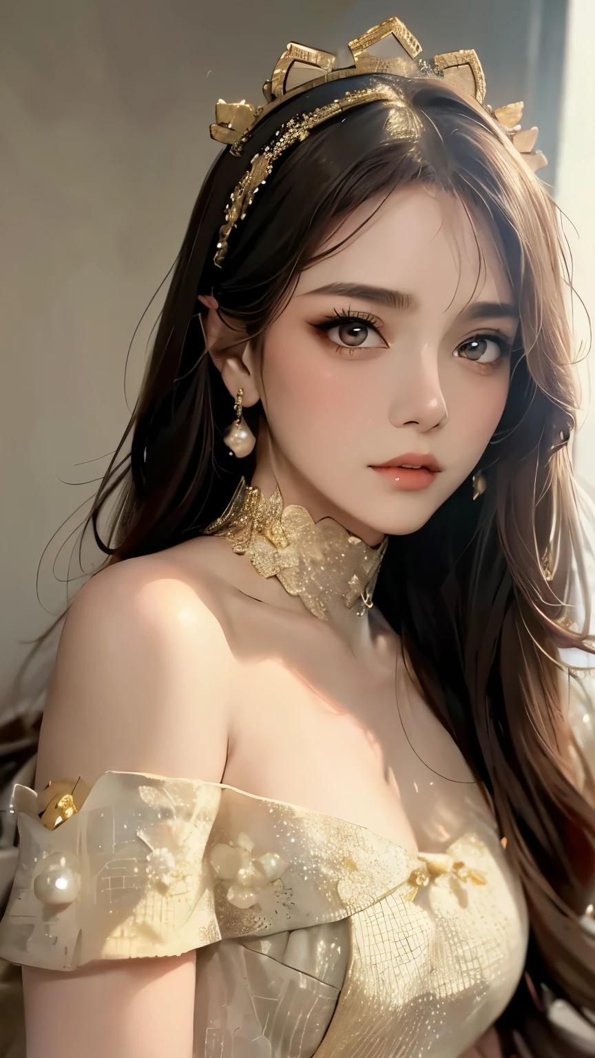 A high-resolution photograph featuring a young asian woman with a fair complexion and long, dark brown hair styled in loose waves, she has large, expressive brown eyes with a soft, inviting gaze, her lips are full and slightly parted, giving her a serene yet alluring appearance, she wears a delicate, gold headpiece resembling a halo or a crown, adorned with small, sparkling jewels, her attire consists of a black, off-the-shoulder top with intricate lace detailing, featuring a low neckline that accentuates her ample breasts, the top is adorned with gold beads and small, pearl-like earrings, adding a touch of elegance and elegance, she accessorizes with a gold choker and a matching gold necklace, the background is a plain, light beige color, ensuring that the focus remains on the subject, the overall composition and lighting emphasize her delicate features and the intricate textures of her attire, making her the focal point of the image