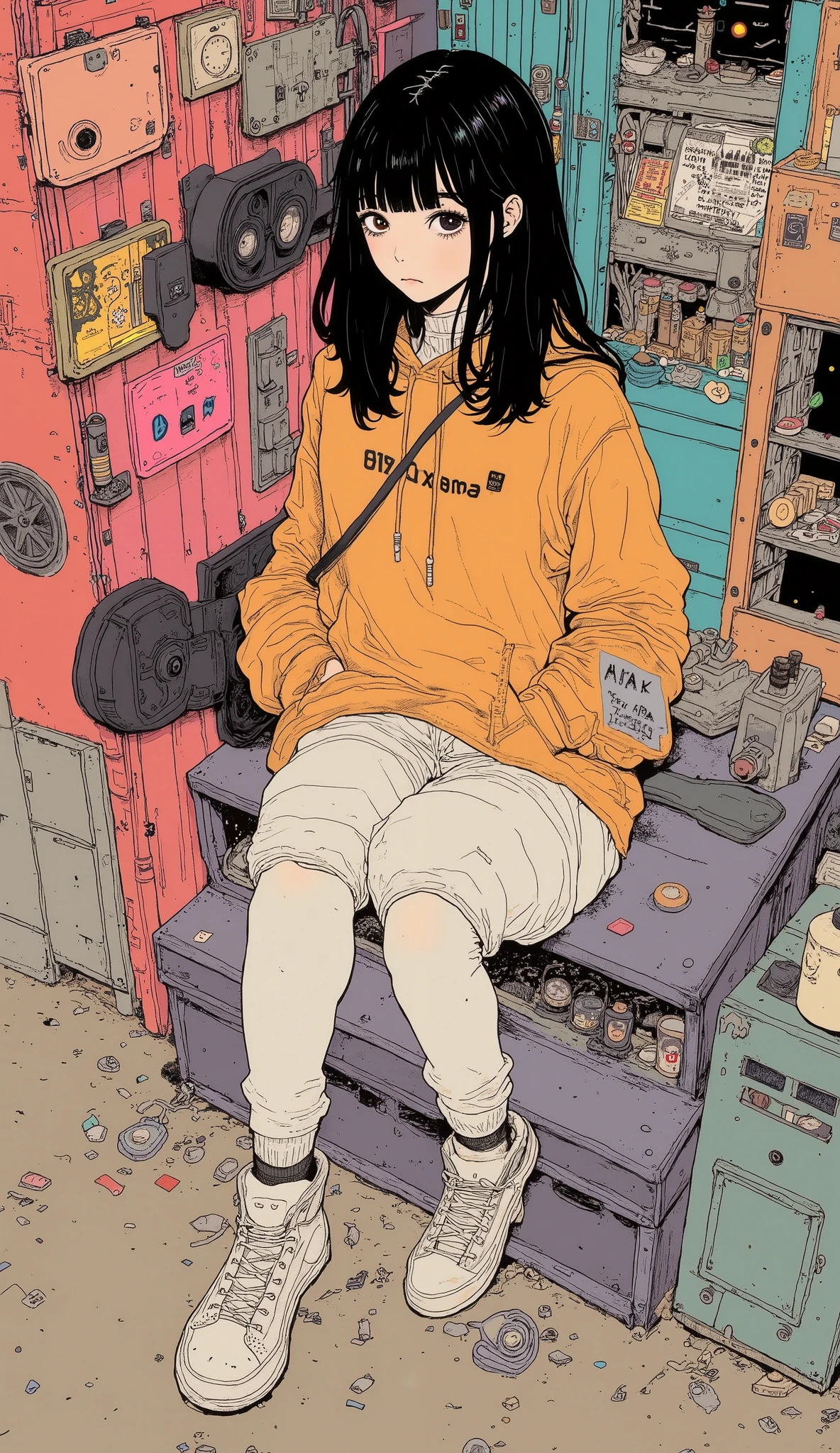 Adult female, robot, messy neck-length brown hair, indifferent, apathetic, hippie, beanie, baggy hipster clothing, sunken eyes, fully clothed, bland hippie bedroom, one feather earing, smoking marijuana