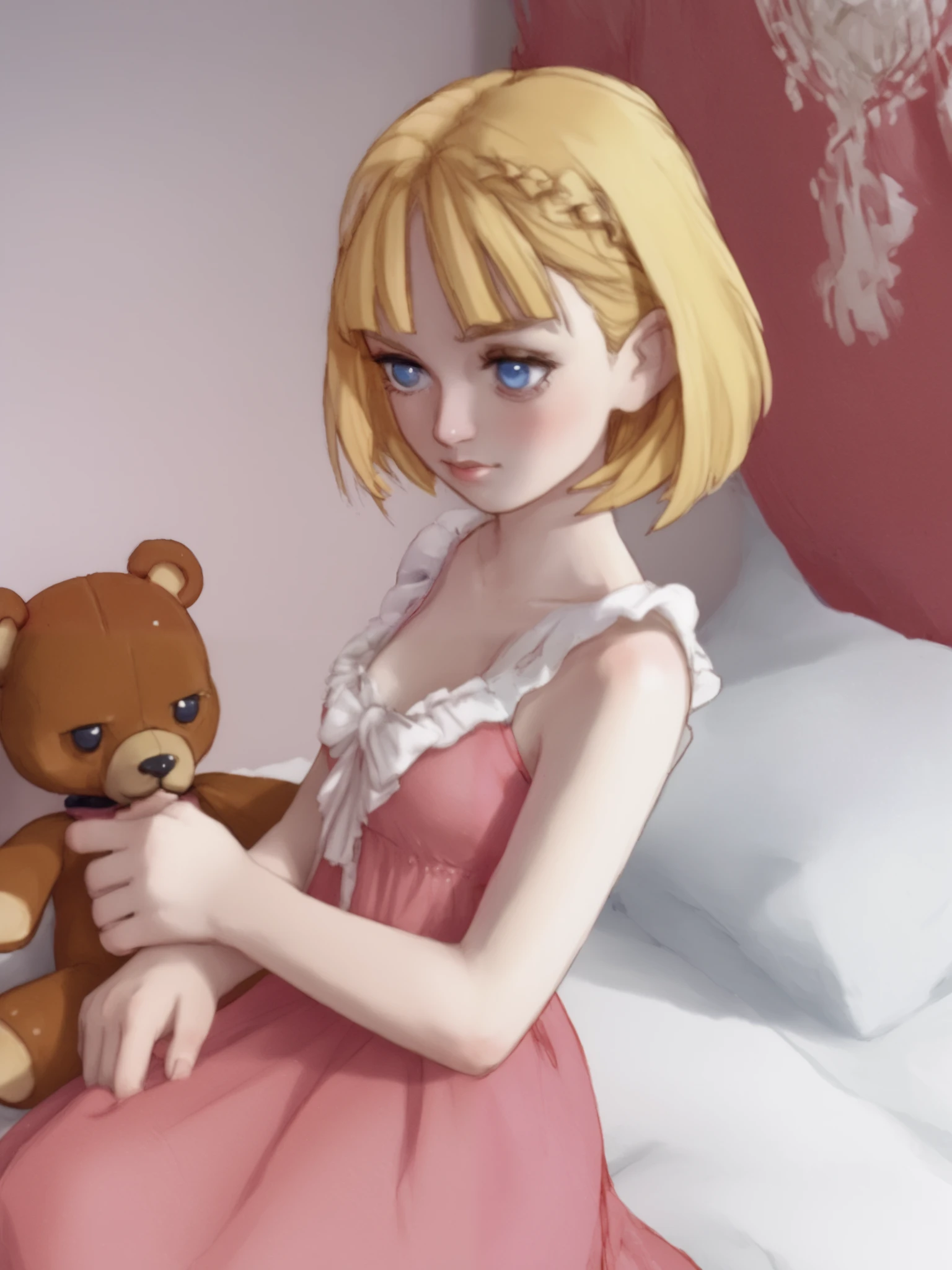 a very young , Long dress in pink pajamas 、 Full image of a girl holding a teddy bear , blue eyes、 Light pink room in the background 、 short hair, mystery,bow hair, whole body,bed in the background 、 Blue eyes and short hair ,quarto feminino beautiful, beautiful, fofo, hair fringe ,penteado babydoll, blonde looking at the camera 、 A cutie in a long red dress and holding a teddy bear is surrounded by a black teddy wolf in the background.、 Full image of the 、smaller breasts、 Closed windows
Make the entire image fit the frame 。