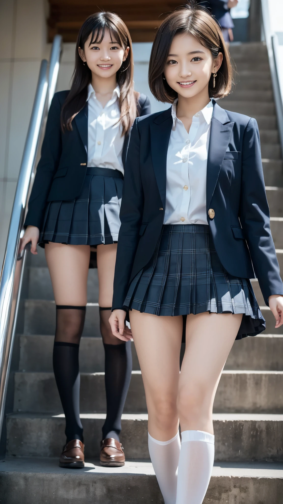 top quality,masterpiece, super high resolution, high-definition RAW color photo, pro pics, natural skin texture , fine skin, hyperrealism, smiles,(Blonde shortcut hair ,Blonde gal,Earrings),gigantic breasts,(( high school girl uniform , white cutter shirt, blazer jacket, plaid pleated mini skirt, black pantyhose)),(( escalatorの上から見下ろす,from below,skirt lift,panty shot,spread legs,skirt grab)),( escalator,sitting),((asymmetrical docking,A group of 2 women who are close to each other, two high school girls standing side by side))