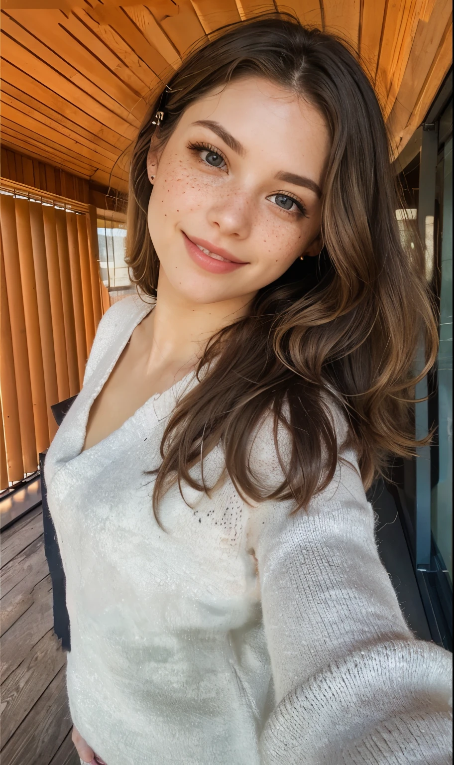 ((best quality)), ((masterpiece)), (detailed), perfect face,ultra realistic,8K view,beautiful girl, brown long hair, fit body, medium bobs, trim waistline, blue eyes, big eyes, detailed eyes, masterpiece, perfect skin, white skin, 22 age, medium hight, half body,in the cafe , she wearing shirt, hyper realistic, hight resulition, hight detailed, naturel smile, bright lighting, close shot, selfie