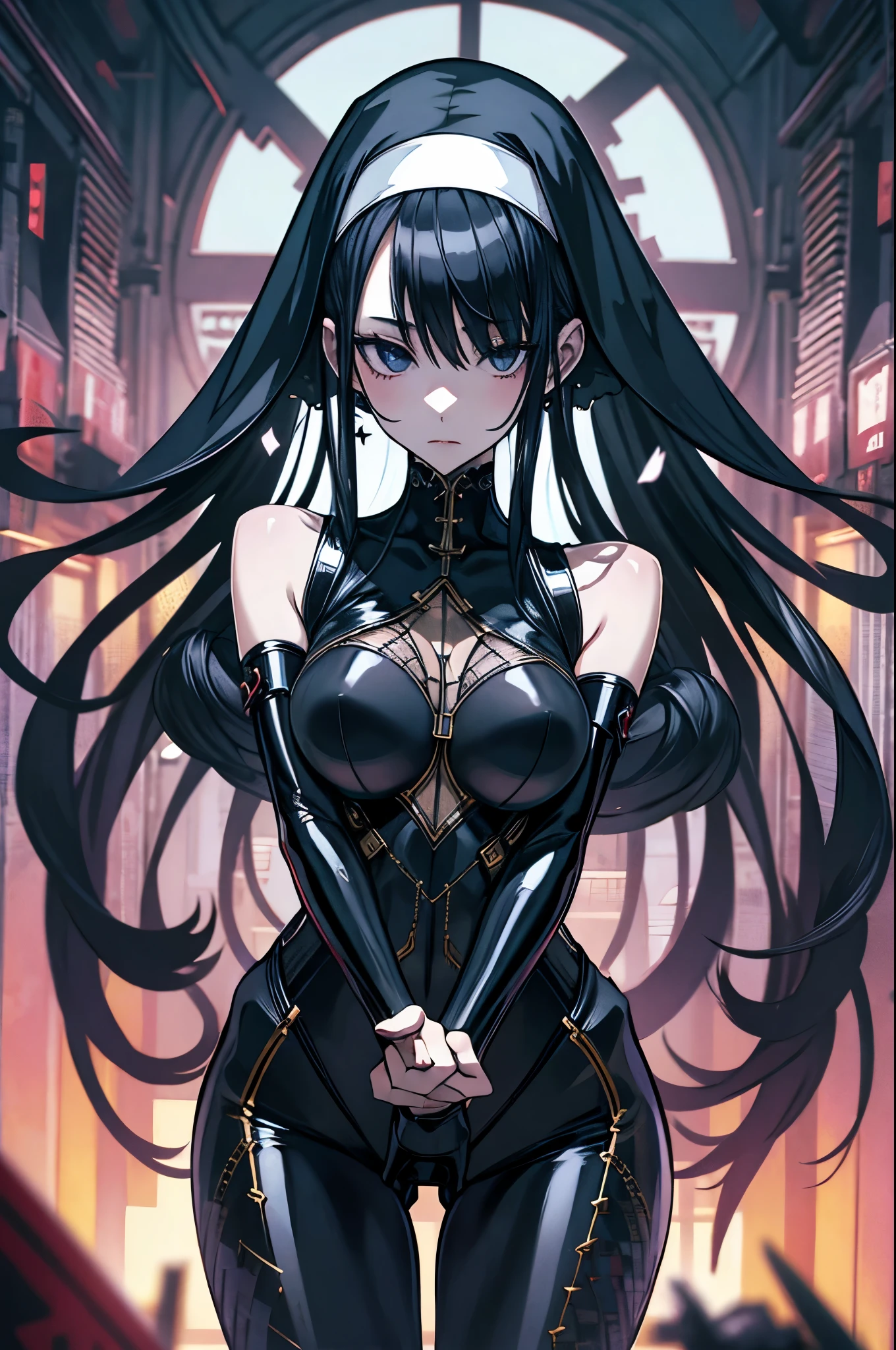 a beautiful detailed nun with black hair wearing a latex bodysuit, anime style, 8k, high quality, photorealistic, professional lighting, vibrant colors, intricate details, elegant pose, dramatic lighting, cinematic composition
