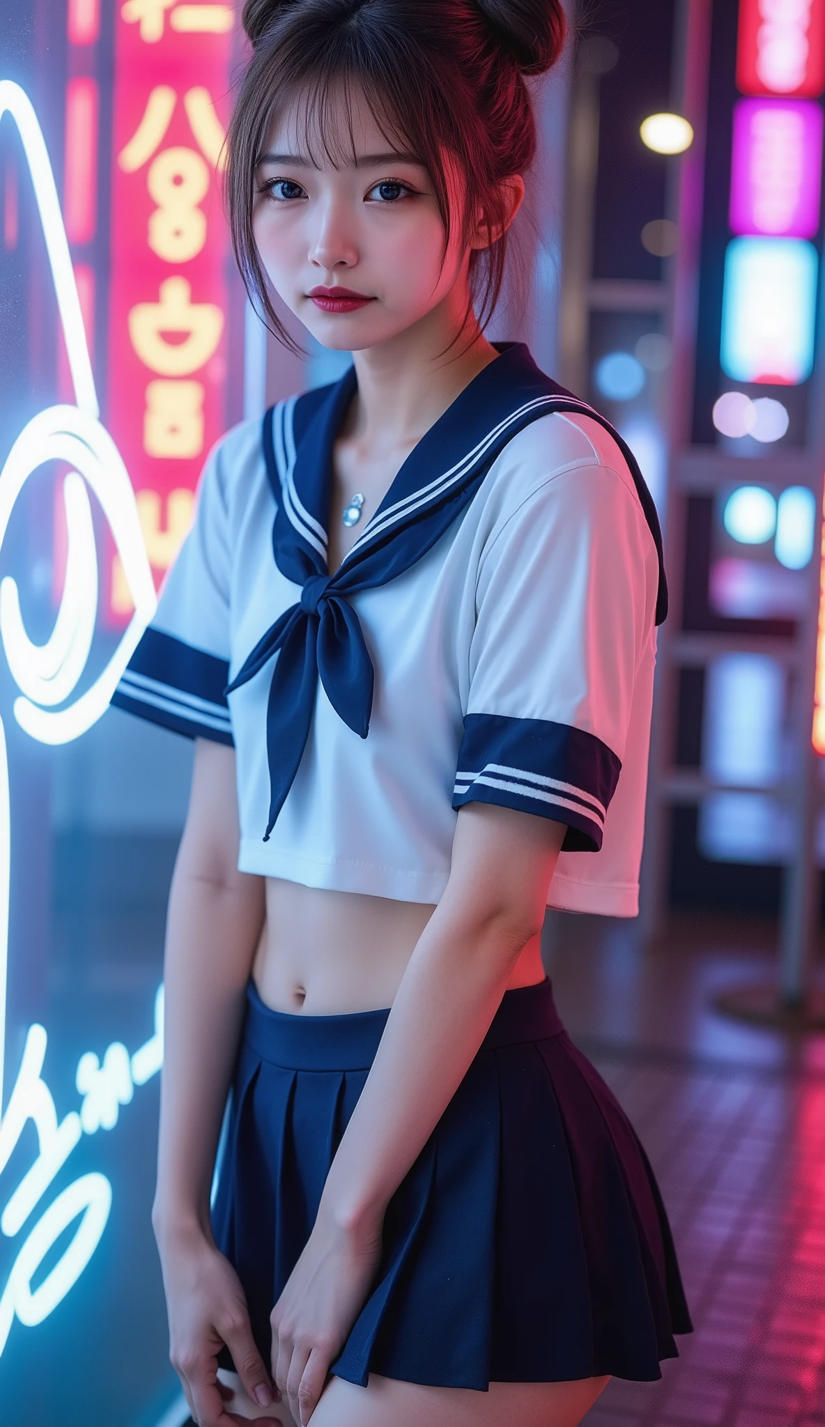 pictures with colors like pop art :1.37, Extreme realism:1.21, Of a high-resolution photo:1.21, High Quality Pictures :1.21, High Realism :1.21, ( top quality:1.37), 32K resolution, high dynamic range :1.5, very detailed:1.5, hyperrealism:1.5, Huge File Size :1.5, masterpiece:1.21, Noise Reduction :1.5, is present:1.5, RAW photos in the loop:1.5, of a beautiful Japanese woman , Dim on Good Side :1.1, Hair, chignon hair , She is wearing it. , traditional sailor uniform from a prestigious high school in Tokyo , white, short sleeve sailor suit:1.21, will be Fuku:1.21, I can see my stomach, navy blue pleated mini skirt , pop neon city background with an eye on the inner corner , Cinema Lighting,