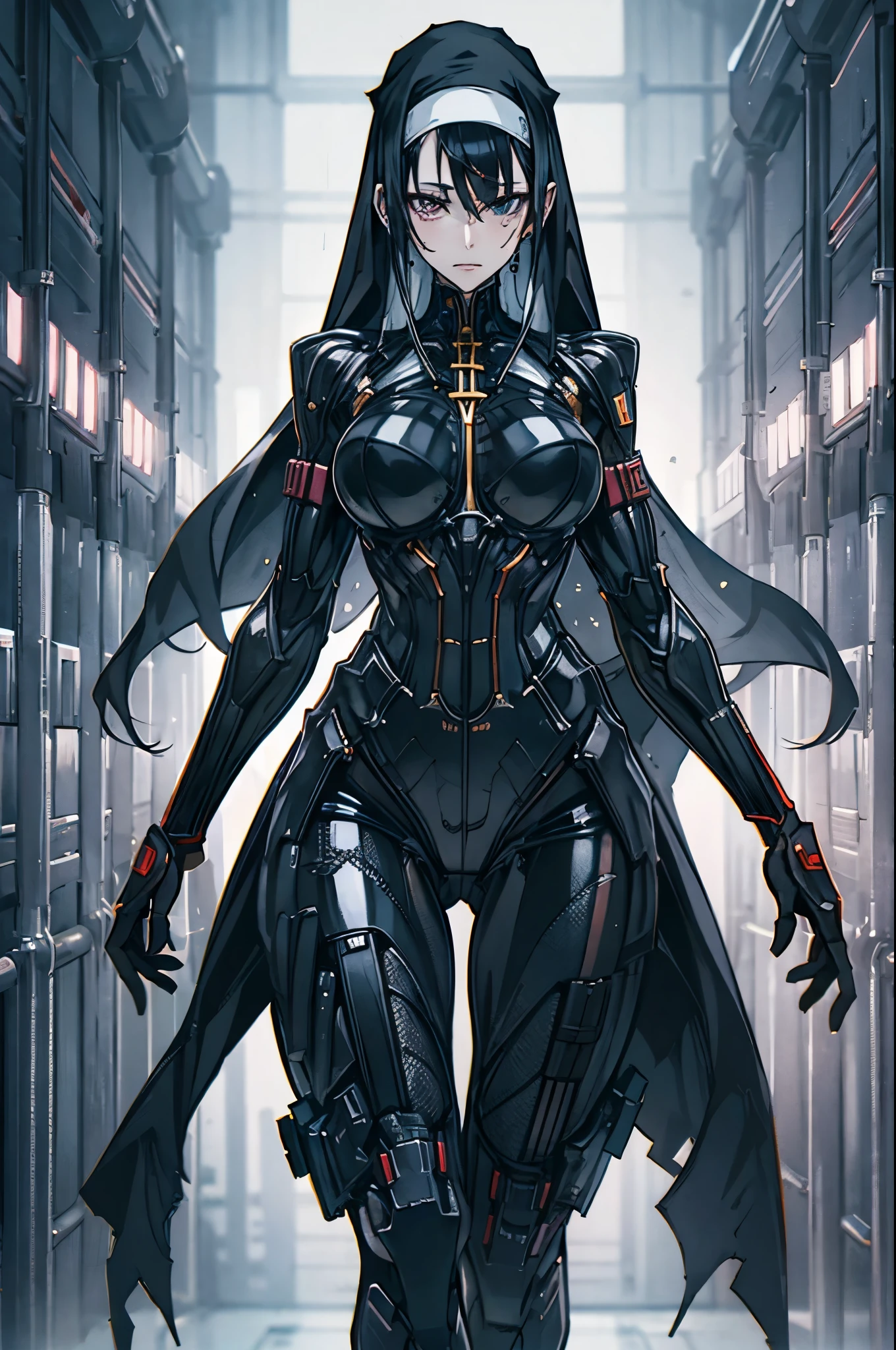 a beautiful detailed nun with black hair wearing a latex bodysuit, anime style, 8k, high quality, photorealistic, professional lighting, vibrant colors, intricate details, elegant pose, dramatic lighting, cinematic composition