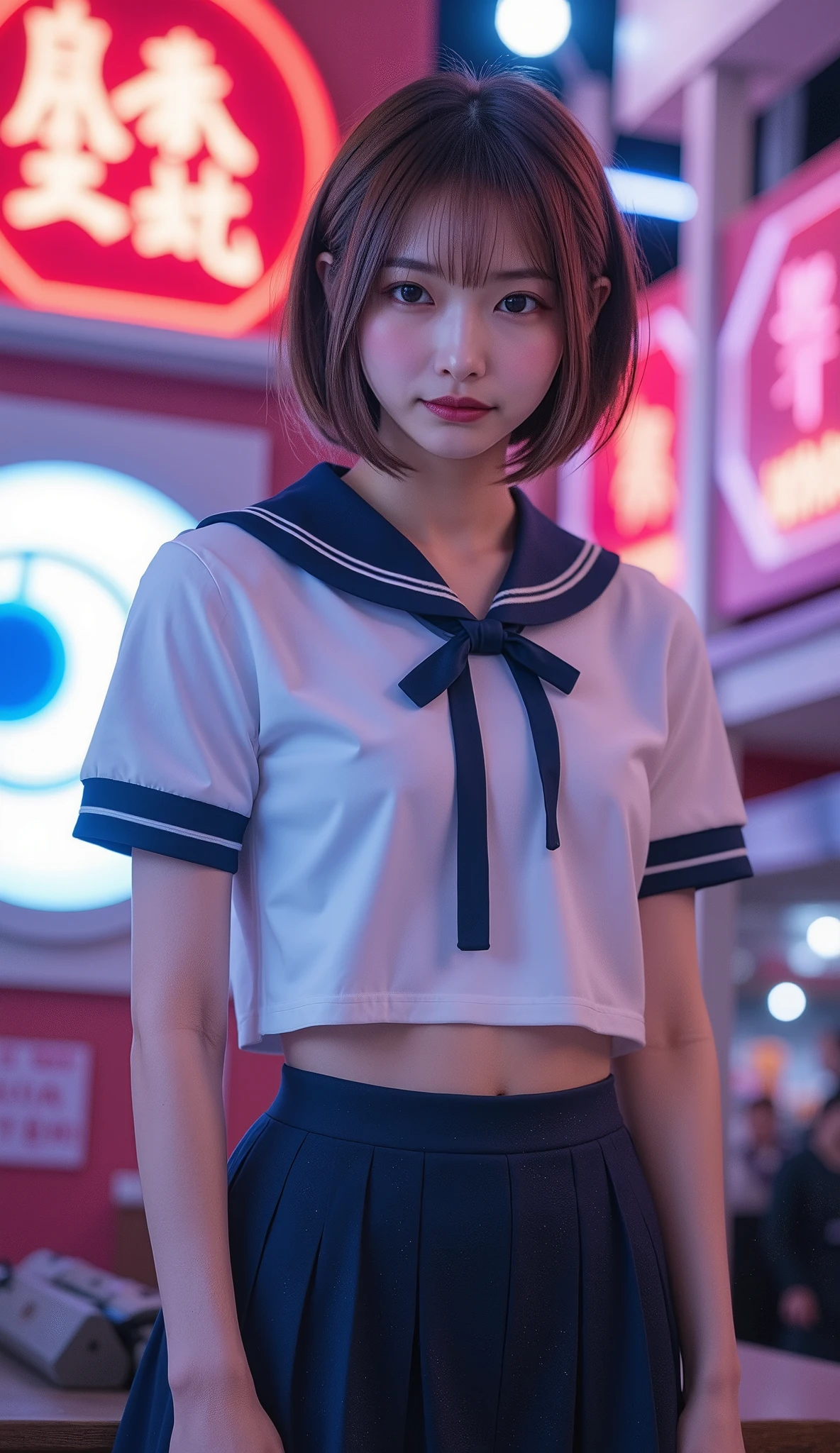 pictures with colors like pop art :1.37, Extreme realism:1.21, Of a high-resolution photo:1.21, High Quality Pictures :1.21, High Realism :1.21, ( top quality:1.37), 32K resolution, high dynamic range :1.5, very detailed:1.5, hyperrealism:1.5, Huge File Size :1.5, masterpiece:1.21, Noise Reduction :1.5, is present:1.5, RAW photos in the loop:1.5, of a beautiful Japanese woman , Dim on Good Side :1.1, Hair, chignon hair , She is wearing it. , traditional sailor uniform from a prestigious high school in Tokyo , white, short sleeve sailor suit:1.21, will be Fuku:1.21, I can see my stomach, navy blue pleated mini skirt , pop neon city background with an eye on the inner corner , Cinema Lighting,