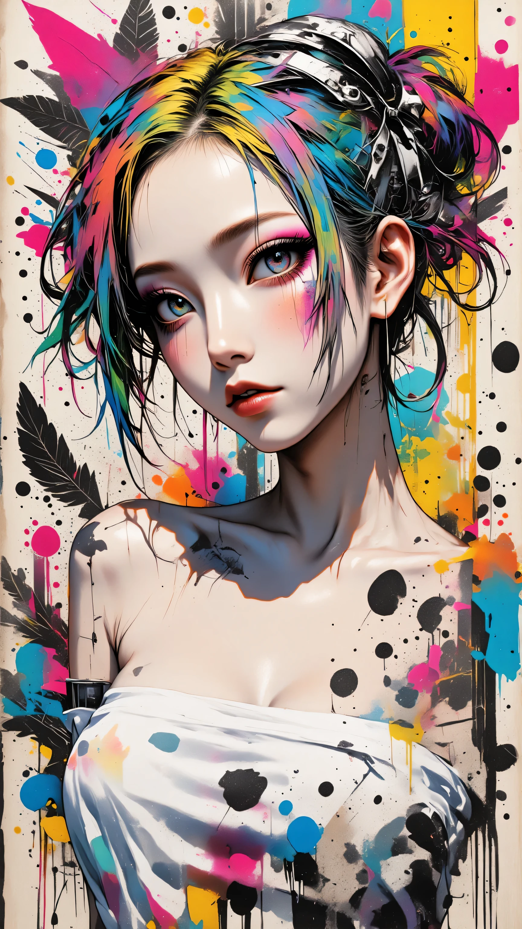 (Pink long t-shirt:1.9),(Colorful hair:1.8),(Rainbow of all colors:1.8),((((Vertical painting:1.6))), (painting a:1.6, front,big eyes, crystal -clear, (rainbow color gradient high ponytail:1.7),Delicate makeup,Cover mouth,(Small Fresh:1.5),long eyelashes,White shoulder T-shirt,White Shoulder Shirt,looking at the audience,big watery eyes,(plumw: 1.6),(Sexy raised:1.6),(small breasts:1.9), (rainbow hair color:1.6), colored splash, (Solo:1.8), colored splash, Color explosion, Color splash, Color explosion, Lacquer style bold, Messy stripes, ((Shining)) , (Colorful), (Colorful), (Colorful), Colorful, Bold Paint Style, (Splash) (colored splash), Vertical painting, Upper body, paint splatter, Acrylic Pigment, Gradient, Paint, Highest image quality, Highest image quality, Masterpiece, Solo, Depth of field, face paint, Colorful clothing, (elegance: 1.2), luxury, long white hair, ventania , (elegance: 1.3), (petals: 1.4),(((Masterpiece))),(((Best top quality))),((ultra - detail)),(illustration),(dynamic angle), ((floating)),(Cat ),((Loose hair)),(Solo),(1 girl) , (( (Anima face details))),((Beautiful face details)),collar, exposed bare shoulders, white hair,((Hair color) ),((Striped hair)),Beautiful detailed eyes,(Gradient colored eyes),(( (Colored eyes))),((colored background))),(((saturated high))),(((Surrounded with colorful splashes))),