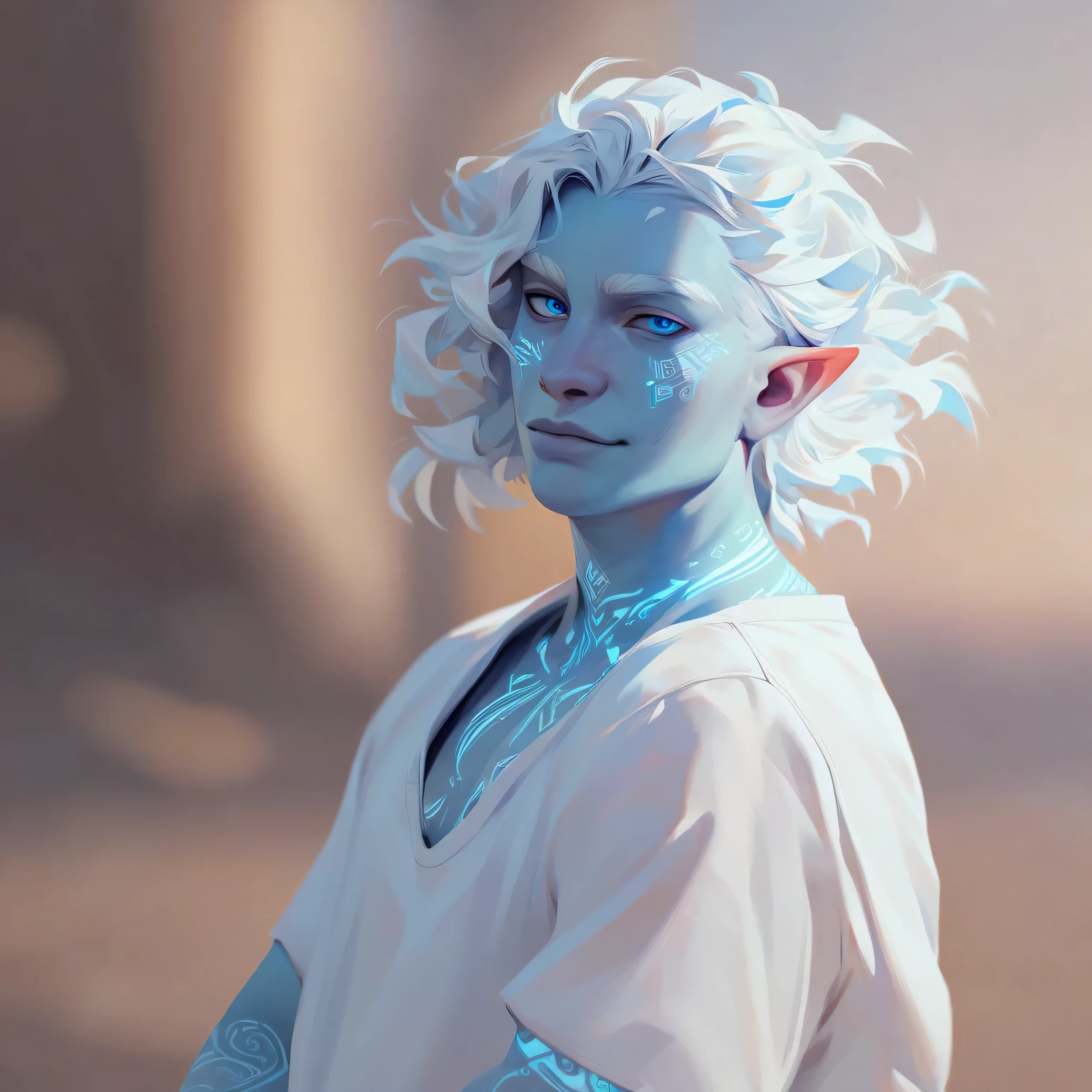 Aerial genius, pointy ears, wind, disheveled hair, tattoos, 
1 boy, Male Focus, blue eyes, blue skin, white tattoos, white loose shirt,
looking at the viewer, posing, blurred background, crystals in hair
