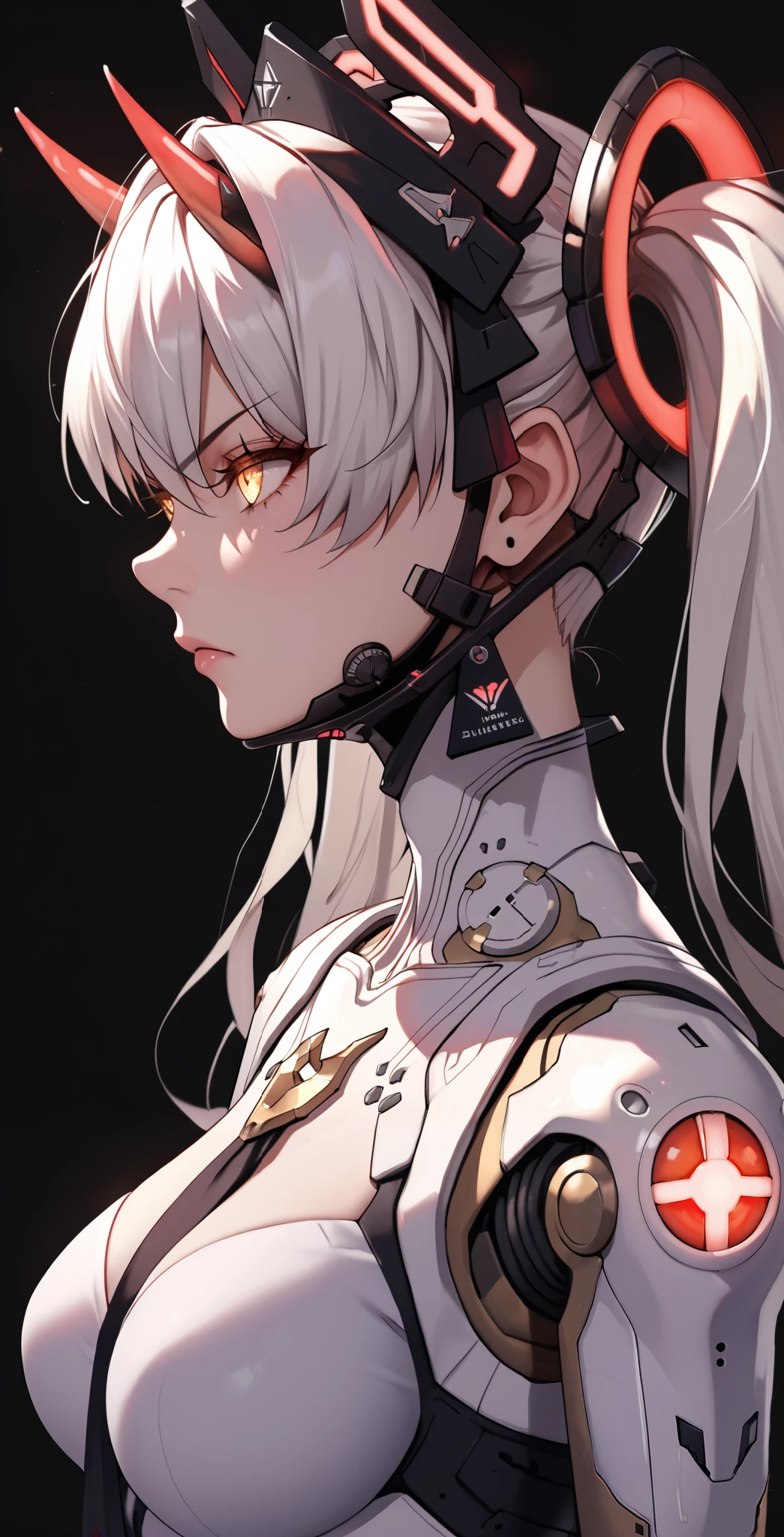 masterpiece, 1girl, Laurel, Punishing gray raven, amber eyes, Glowing eyes, Eyelashes, white hair, long hair, twintails, headgear, bodysuit, upper body, neutral, innexpressive, Frown, black background, simple background, score_9, score_8_up, score_7_up, unaestheticXL_bp5, Looking pleasured BREAK Rating_explicit, (Horns), Mechanical horns, Large breasts, Mechanical limbs, Mechanical vertebra attaching to back, Mechanical cervial attaching to neck, Mechanical bones, Mechanical collar bone, Mechanical shoulder blades, Black bones, From Side, (Short neck), Red neon on body