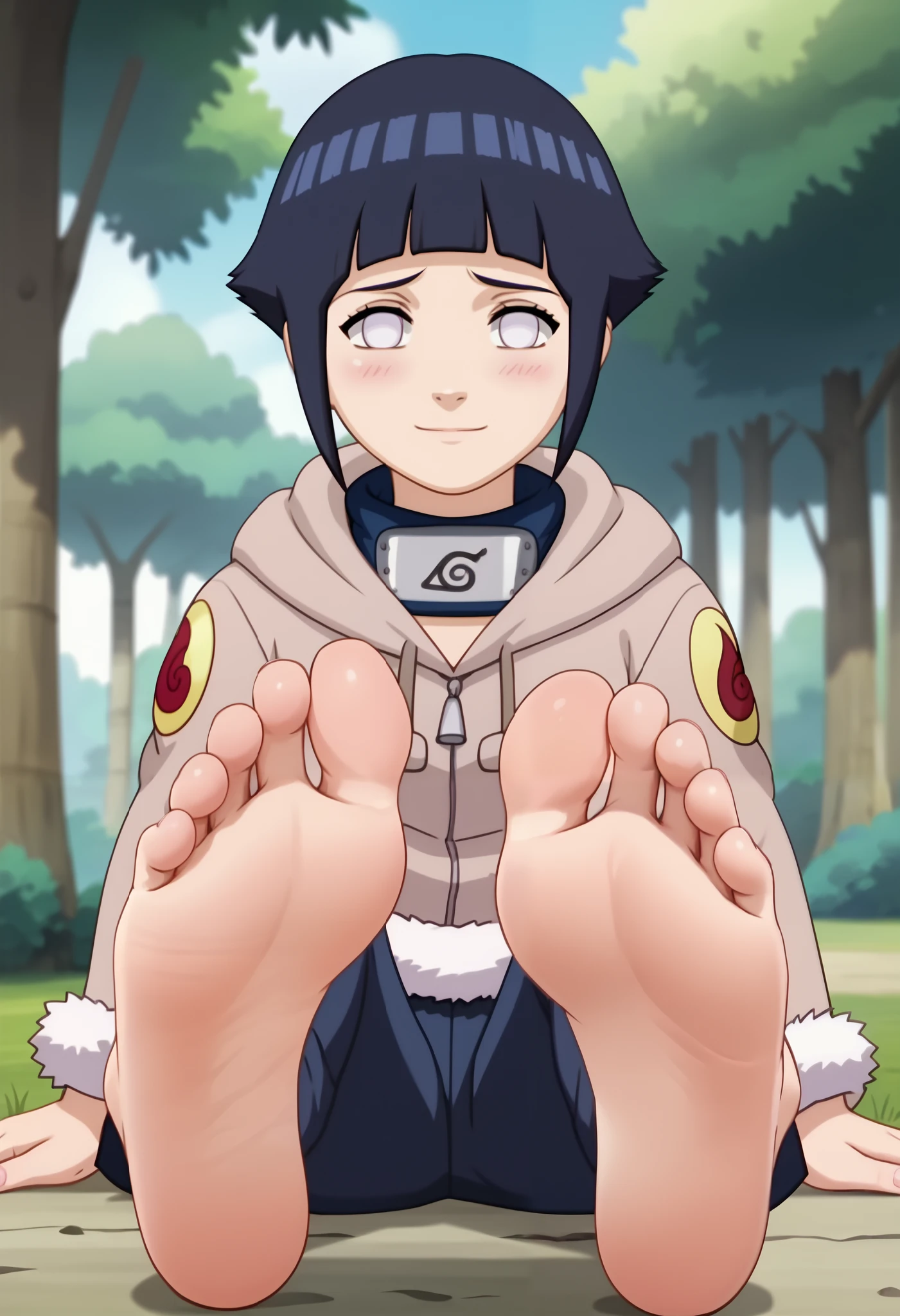 score_9, score_8_up, score_7_up, anime screencap BREAK, 1girl, hyuuga hinata, short hair, black hair, no pupils, blunt bangs, shiny hair, white eyes, forehead protector, hoodie, hood down, long sleeves, fur trim, capri pants, bandages, shy, blush, solo, looking at viewer, sitting, smile, closed mouth, hands on ground, in front of viewer, cowboy shot, outdoors, forest, masterpiece, best quality, barefoot, toes, soles, soles up, foot wrinkles, foot focus, intricate details, perfectly drawn foot, each foot has exactly five toes, foot focus, showing her soles to the viewer,