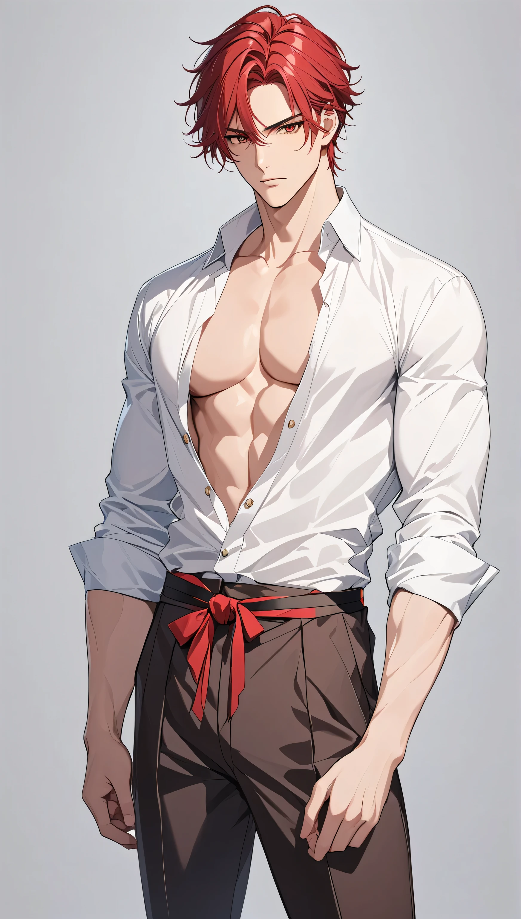top quality Masterpiece high definition Masterpiece , red hair man, red Eyes man plain backround, no backround, white backround, male, mascular body , handsome, ikemen, thight white shirt, partly unbottoned, serious, body is tied by roped