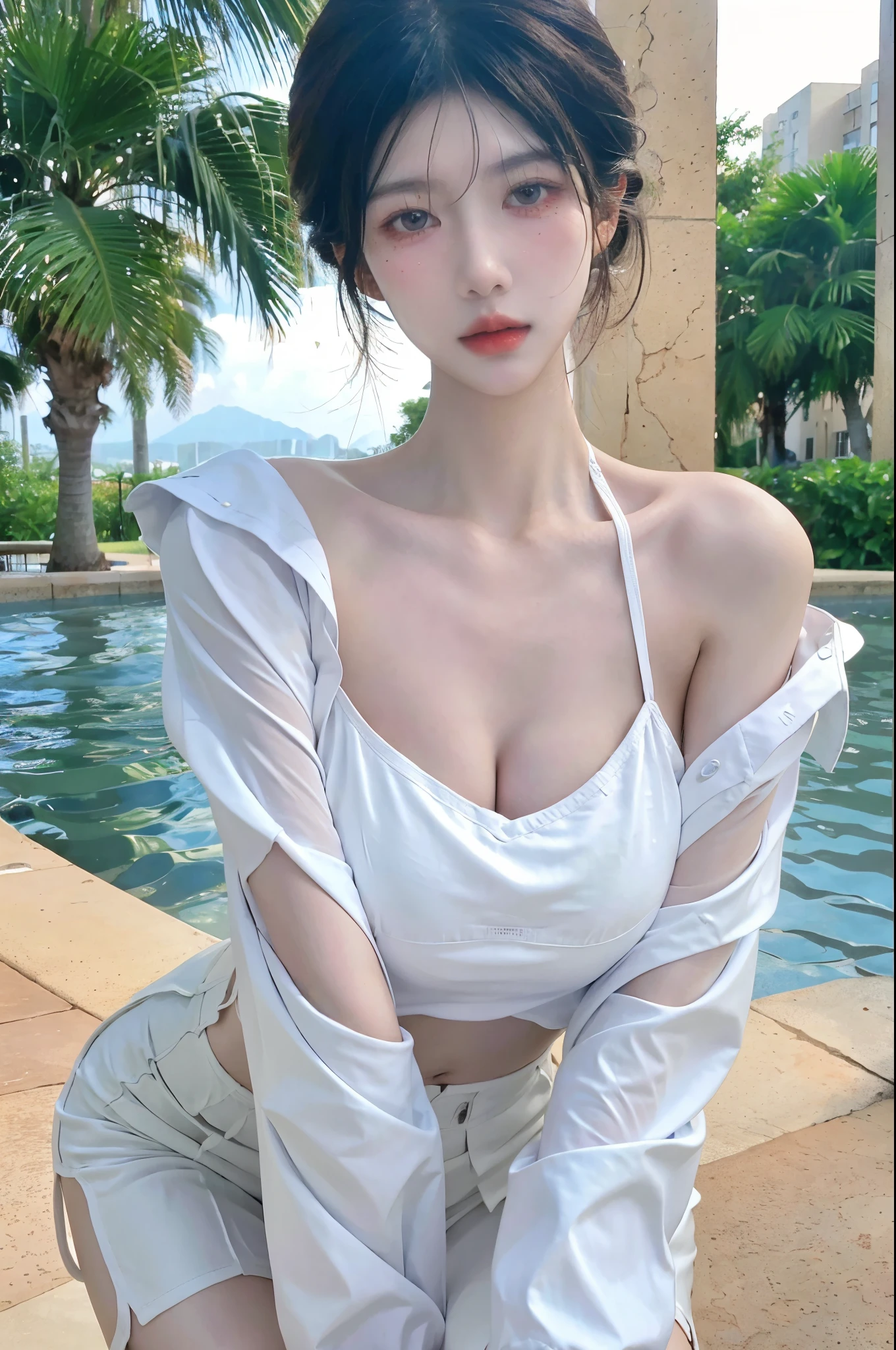 Beautiful woman with perfect figure:1.4,beach,Layered Hairstyle,White skin,Prominent cleavage,White bikini:1.5,White ultra-short pleated skirt,whole body,Very delicate face and skin texture,Double eyelids,Skin Whitening,Long white hair