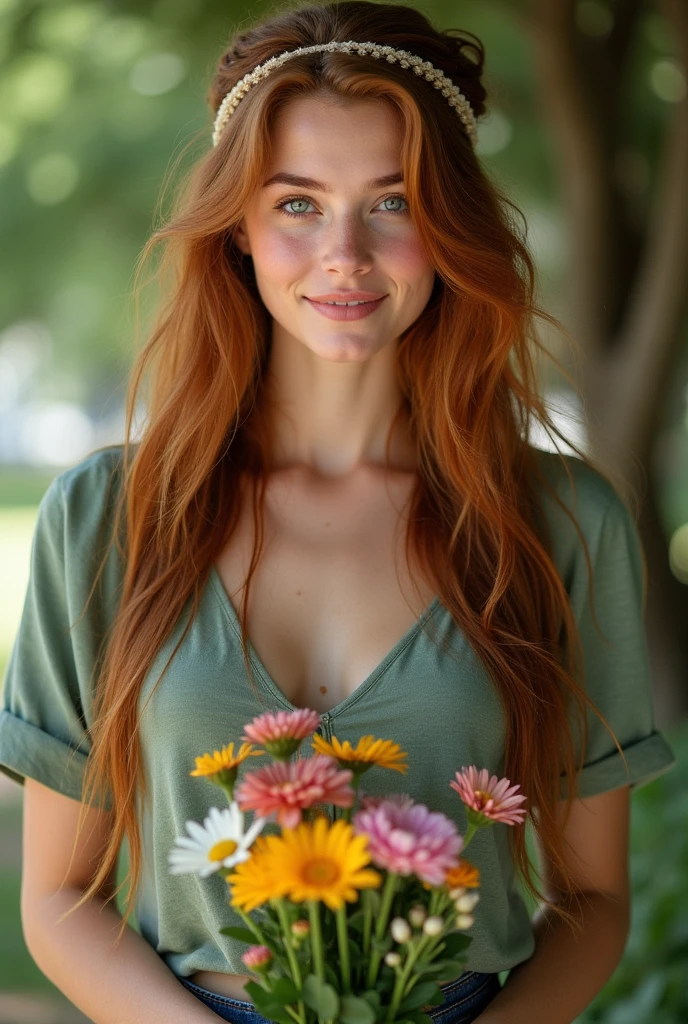 Beautiful, 25 year old European woman, goddess, (red hair), long hair, curly hair, perfect face, freckle spotted face, sharp jawline, (sharp features), thousands of (freckles), smiling, (cheerful), happy, blue eyes, perfect eyes, cleavage, perfect breasts, skinny, (uniform hands), normal hands, (complex intricate olive green flowing dress gold embroidery), mountainous setting, fall, noon, subject is well lighted, (cinematic lighting), (realistic), (high quality), (detailed), (8k ultra hd), 1 person