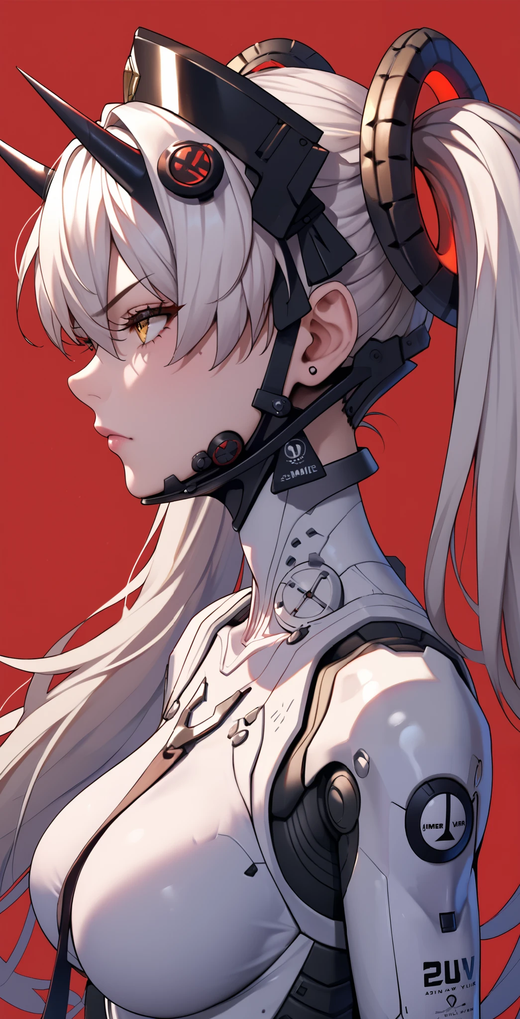 masterpiece, 1girl, Laurel, Punishing gray raven, amber eyes, Eyelashes, white hair, long hair, twintails, headgear, bodysuit, upper body, neutral, innexpressive, Frown, red background, simple background, score_9, score_8_up, score_7_up, unaestheticXL_bp5, Looking pleasured BREAK Rating_explicit, (Horns), Mechanical horns, Large breasts, Mechanical limbs, Mechanical vertebra attaching to back, Mechanical cervial attaching to neck, Mechanical bones, Mechanical collar bone, Mechanical shoulder blades, Black bones, From Side, (Short neck)