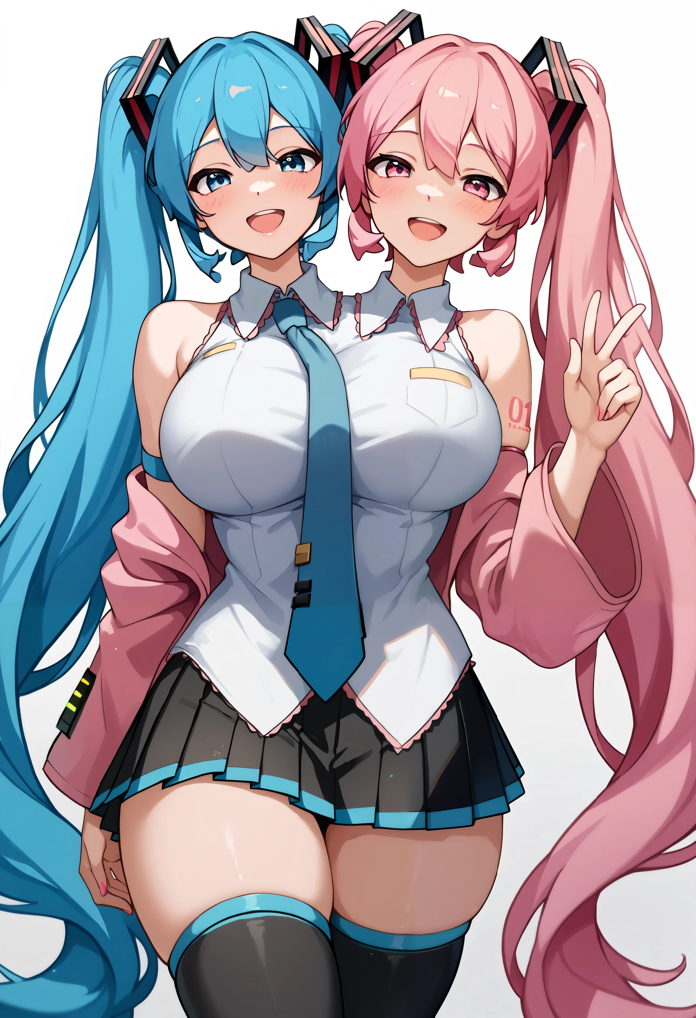 2heads, a tall thin woman with 2 heads, blue hair, blue eyes, pink hair, pink eyes, twintail, Hatsune miku, sakura miku, white shirt, miniskirt, pleated skirt, sleeveless shirt, thigh boots, grinning. She is inside a park. large breasts.