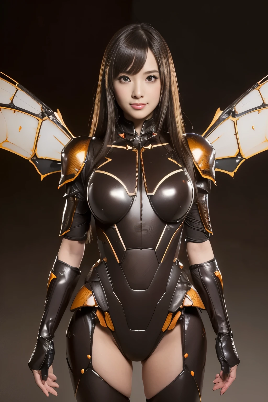 (high resolution,masterpiece,best quality,extremely detailed CG, anime, official art:1.4), realistic, photo, amazing fine details, all intricate, gloss and shiny,awesome many layers, 8k wall paper, 3d, sketch, kawaii, illustration,( solo:1.4), perfect female proportion,villainess, (fusion of queen bee and lady:1.4), (queen bee form lady:1.2), (queen bee lady:1.2), (fusion:1.2), (solo:1.4), (evil smile:1.2), muscular, abs, (queen bee exoskeleton bio insect suit:1.4), (cockroach brown exoskeleton bio insect armor:1.2), (brown transparency queen bee wing:1.4), (brown queen bee antennae:1.3),