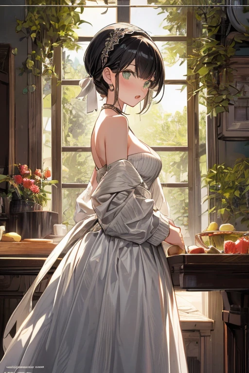 (small :1.3), (perky :1.1), (pointed :1.0), (flowers magazine cover:1.3)，(from above:1.2),(from side:0.9),masterpiece, a 18yo girl, Amazing Cleavage:1.1, thin waist, big , Raised , small : 1.3, posed cleavage:1.2, open mouth, have a cute grass of cute beergrass,black hair, dark green eyes, dress,  shoulders, jewelry, collarbone, sidelocks, hairband, earrings, indoors, off shoulder sweater:1.1, arms behind back, plant, short hair with long locks, gild hairband, off-shoulder dress, sweater dress, off-shoulder sweater, red sweater, dark gord hair, big side hair, very long side hair,is rendered in (masterpiece: 1.2, best quality), with (ultra high resolution) and an exquisite (depth of field). This masterpiece is not only visually stunning but also tells,A scene of cooking in the kitchen by classroom,looking at viewer,
