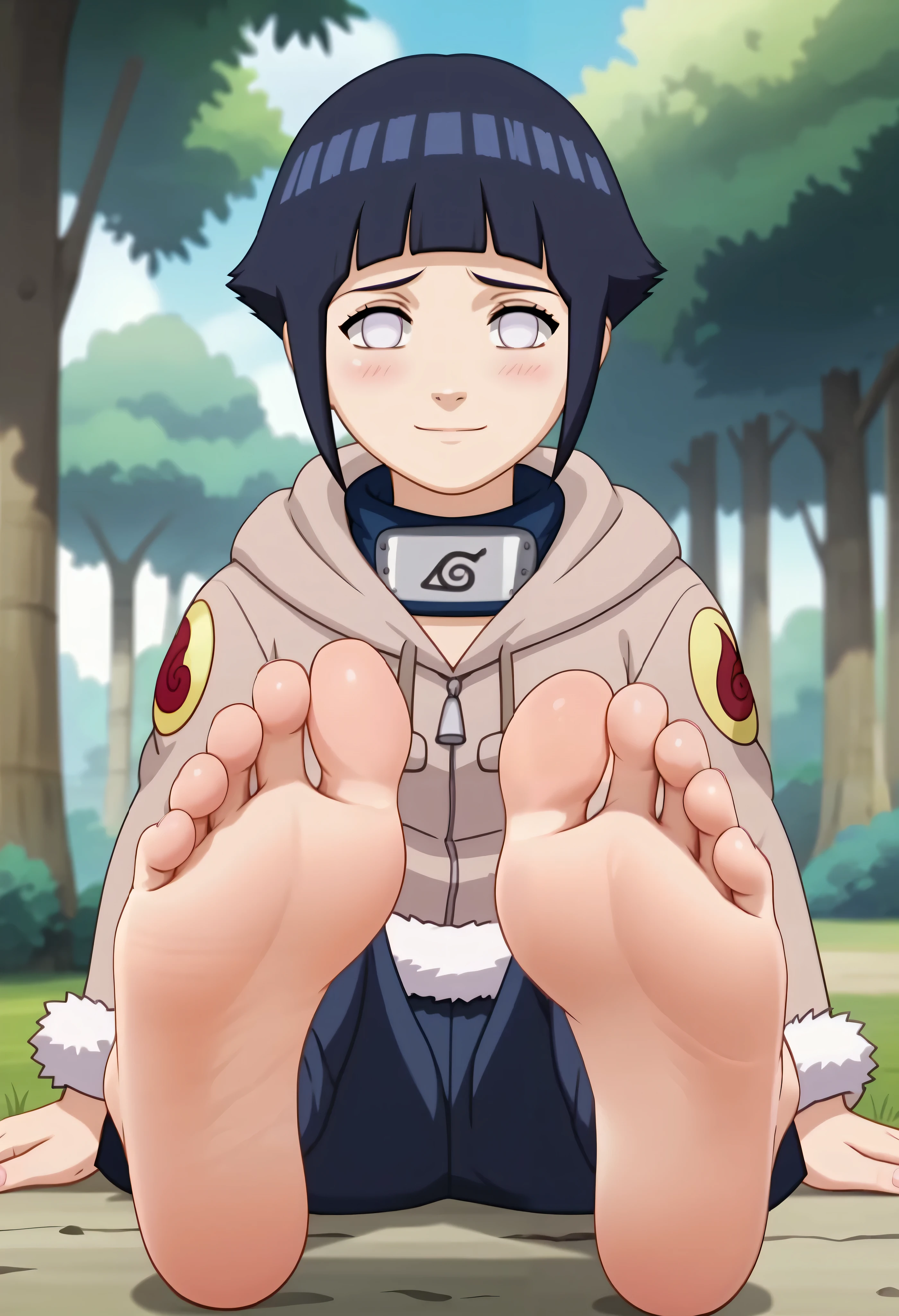 score_9, score_8_up, score_7_up, anime screencap BREAK, 1girl, hyuuga hinata, short hair, black hair, no pupils, blunt bangs, shiny hair, white eyes, forehead protector, hoodie, hood down, long sleeves, fur trim, capri pants, bandages, shy, blush, solo, looking at viewer, sitting, smile, closed mouth, hands on ground, in front of viewer, cowboy shot, outdoors, forest, masterpiece, best quality, barefoot, toes, soles, soles up, foot wrinkles, foot focus, intricate details, perfectly drawn foot, each foot has exactly five toes, foot focus, showing her soles to the viewer,