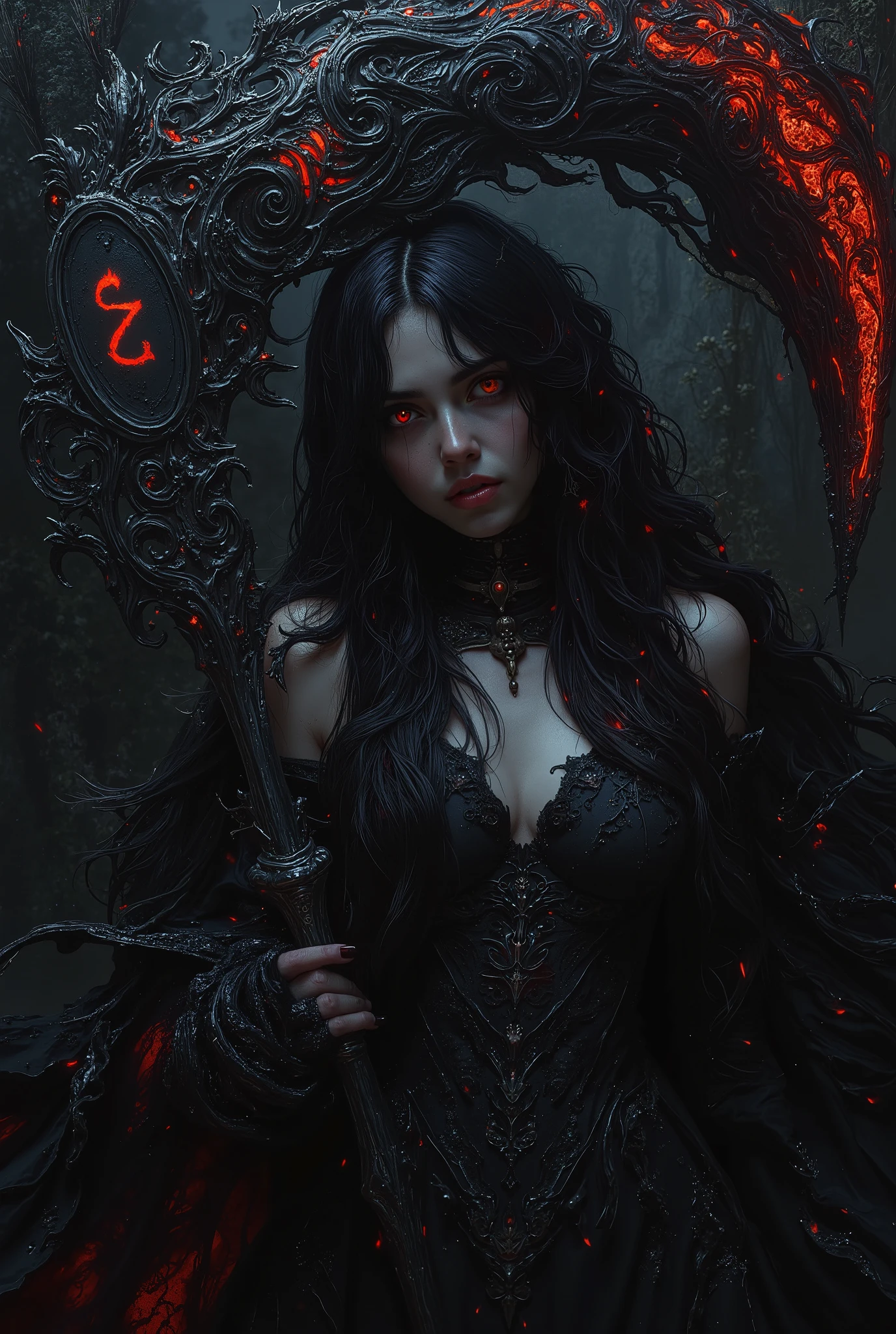 a dark-haired woman in a black dress, the most beautiful female death in the world, holding a scythe with the letters "EM" engraved on it, dark fantasy, gothic, dramatic lighting, cinematic, detailed portrait, chiaroscuro, dramatic pose, intricate clothing folds, muted colors, moody atmosphere, highly detailed, photorealistic, 8k, masterpiece, neon colored, (oil painting,digital painting,masterpiece:1.2),photorealistic,8k,detailed,vivid,dynamic composition (dark and gloomy abstract painting),(dark colors,moody,ominous,mysterious,enigmatic:1.2),(abstract,surreal,avant-garde,conceptual art:1.1),organic shapes,textured brush strokes,dark tones,high contrast,emotive,evocative,atmospheric,cinematic