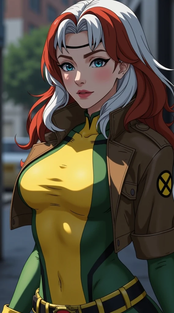 CARTOON_X_MENs_Rogue,ownwaifu,
long hair,breasts,brown hair,green eyes,lipstick,makeup,lips,white hair,two-tone hair,headband,wavy hair,large breasts,messy hair,curly hair,big_hair, 
yellow bodysuit,jacket,gloves,belt,yellow gloves,green bodysuit,bodysuit,multicolored bodysuit,superhero, skin tight,multicolored clothes,  1girl, solo, looking at viewer,straight-on, upper body, official art, highres, scenery, (masterpiece:1.1), (best quality,:1.1), (high quality:1.1), (anime screencap:1.2),