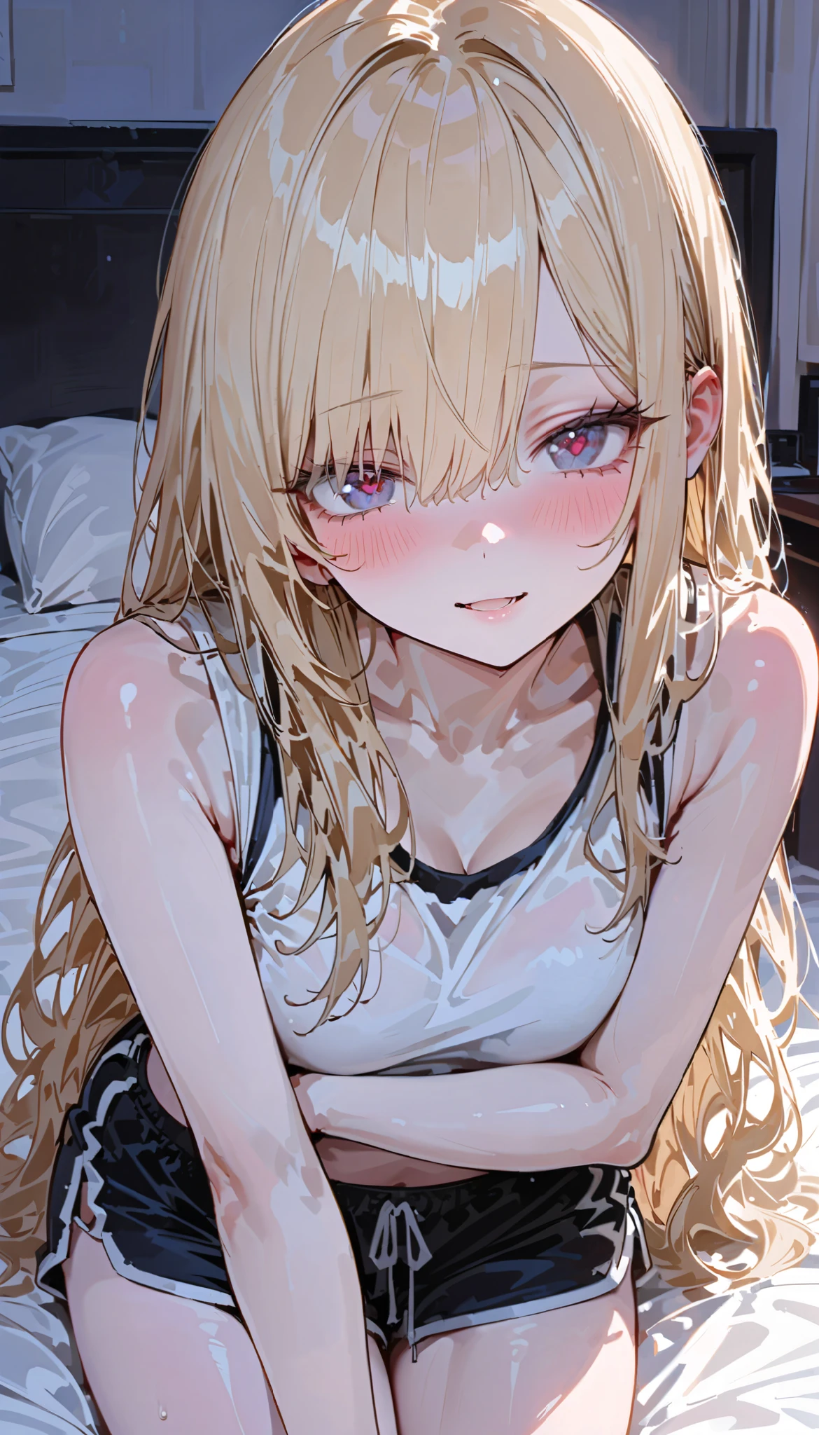 On the bed, looking embarrassed, blushing, lying down, cute, hair band, underwear
