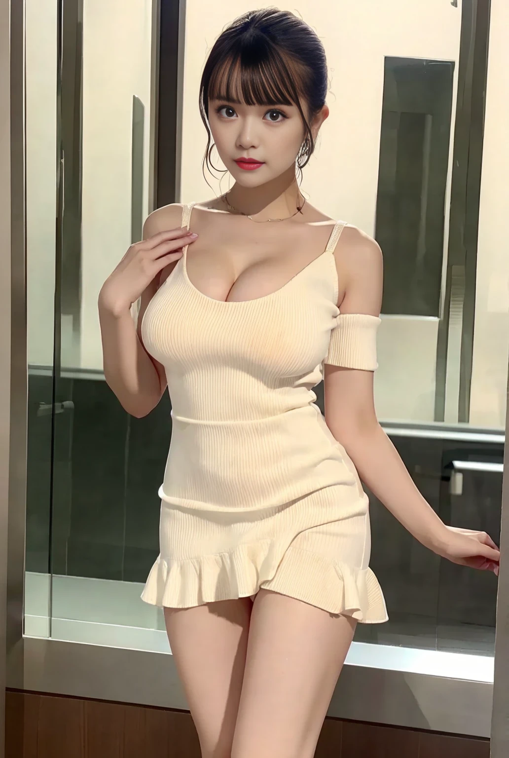 (Realistic, Photorealistic: 1.37), (Masterpiece, Best Quality: 1.2), (Ultra High Resolution: 1.2), (RAW Photo: 1.2, shots on Nikon), (Sharp Focus: 1.3), (Face Focus: 1.37), (Ultra Detailed CG Unified 8k Wallpaper: 1.2), (Beautiful Skin: 1.2), (pale Skin: 1.3), (Hyper Sharp Focus: 1.5), (Ultra Sharp Focus: 1.5), ( Beautiful pretty face: 1.3), (super detailed background, detail background: 1.3), break, very cute and beautiful Japan pictures of woman, (sexy model), professional attire, (22 years old: 1.1), portrait of a girl with a bright smile, upper body image, When viewed from the front, the composition is symmetrical, (Studio lighting: 1.3), (Cinematic lights: 1.3), (backlight: 1.3), dim lighting, lighting that covers the whole body, (looking straight at you, standing:1.3, arms down:1.3, random, model pose), break, (shiny-brown half up thin hair: 1.2), dark brown eyes, upturned eyes, beautiful eyes, princess eyes, ((brown hair:1.3)), single hair, bangs, Hair between eyes, Long hair, curby, abs, perfect abs, (gigantic-breast;1.37, big breast:1.37, big cleavage:1.37), (thin waist: 1.15), (detailed beautiful girl: 1.4), (bare shoulder, Chest squeezed together, View viewer, (blue camisole:1.3, black box-long-skirt:1.3, teacher fashion style, attractive look), Solo, Parted lips, pink lips, (shiny skin), sweat, (school room background:1.5), (light seductive smile:1.25), ((Perfect Female Body)), (Upper Body Image:1.3), Frame the Head, Perfect Anatomy, Perfect Proportions, 8.5 Life-Size, Face Focus, Ultra Realistic Photo, Hyper Sharp Image, Hyper Detail Image