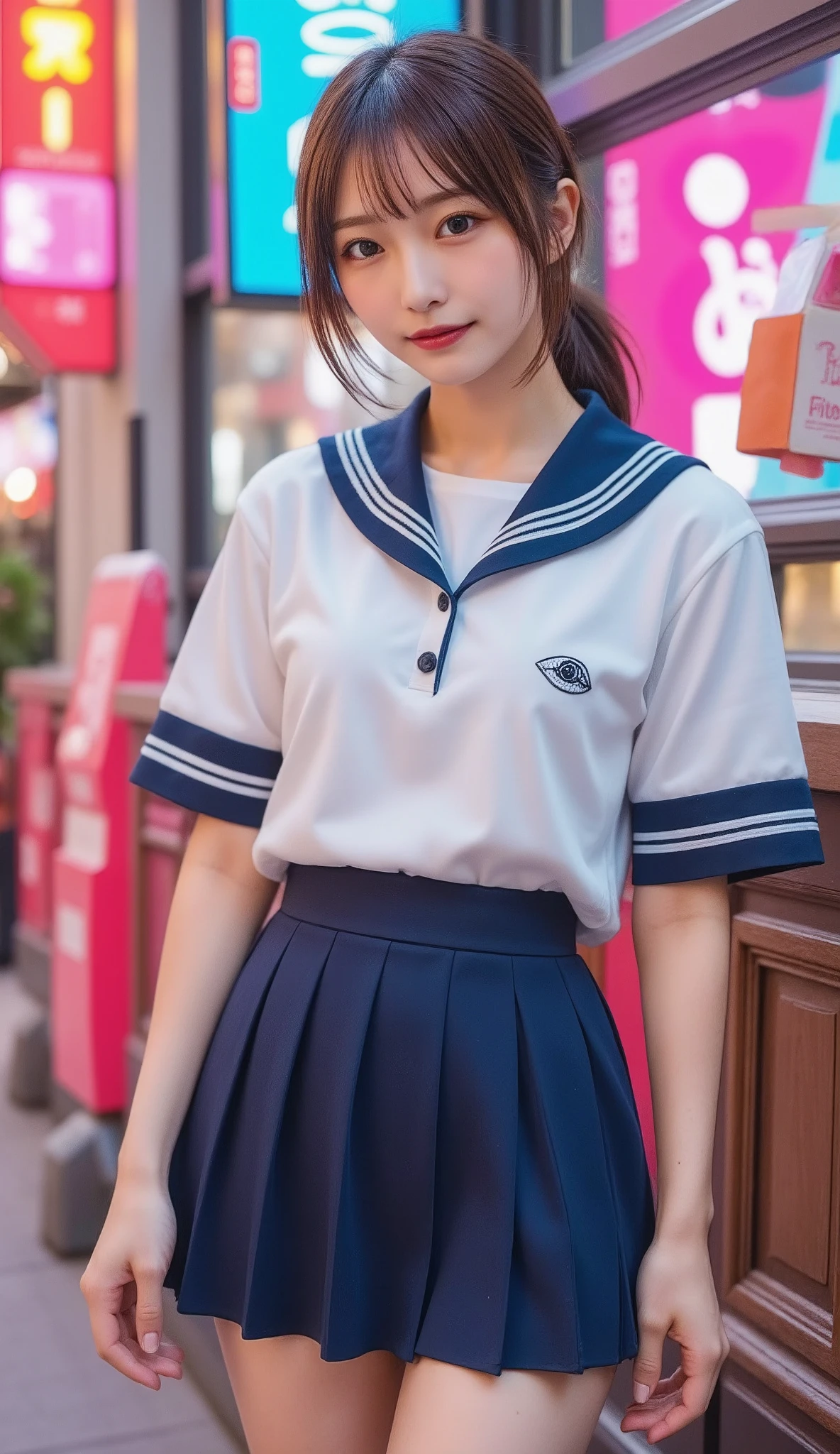 pictures with colors like pop art :1.37, Extreme realism:1.21, Of a high-resolution photo:1.21, High Quality Pictures :1.21, High Realism :1.21, ( top quality:1.37), 32K resolution, high dynamic range :1.5, very detailed:1.5, hyperrealism:1.5, Huge File Size :1.5, masterpiece:1.21, Noise Reduction :1.5, is present:1.5, RAW photos in the loop:1.5, of a beautiful Japanese woman , Dim on Good Side :1.1, Hair, chignon hair , She is wearing it. , traditional sailor uniform from a prestigious high school in Tokyo , white, short sleeve sailor suit:1.21, will be Fuku:1.21, I can see my stomach, navy blue pleated mini skirt , pop neon city background with an eye on the inner corner ,Natural lighting、Daylight color 、smile