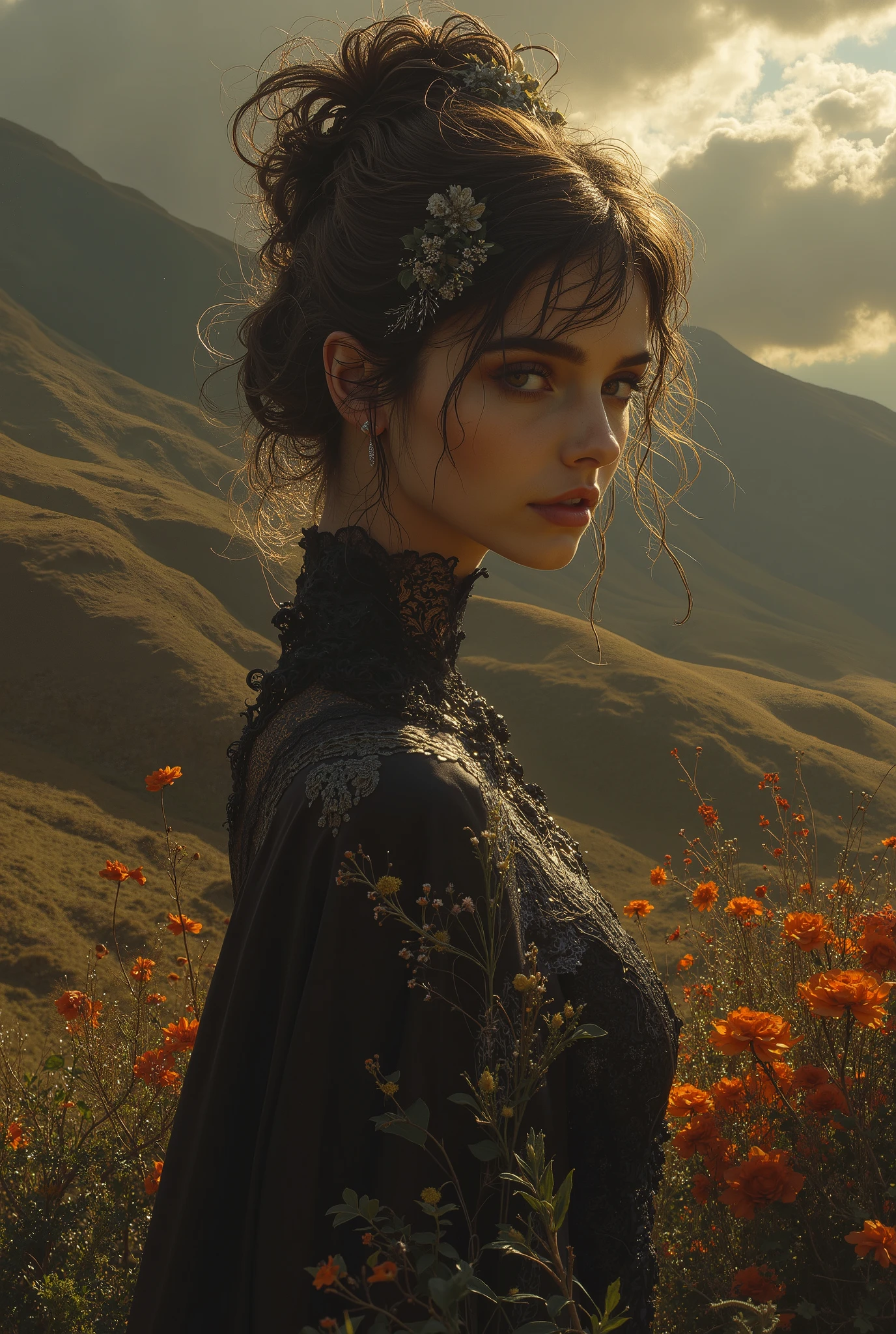 (Italian beautiful girl:1.3),(extremely detailed eyes and face,beautiful detailed eyes,beautiful detailed lips,longeyelashes:1.2),(elegant long dress,elegant hairstyle),(photorealistic,hyperrealistic,realistic:1.37),high quality,8k,ultra-detailed,best quality,photographic,vivid colors,warm lighting,natural lighting,natural skin tones,detailed background,detailed environment (beautiful and dreamy landscape painting),(natural landscape,rolling hills,lush vegetation,vibrant colors,warm lighting, morning,dramatic clouds,mist,fog,atmospheric,serene,tranquil,idyllic:1.2),(oil painting,digital painting,masterpiece:1.2),photorealistic,8k,detailed,vivid,dynamic composition,(mysterious,enigmatic:1.2),(surreal,avant-garde,conceptual art:1.1),organic shapes,textured brush strokes,dark tones,high contrast,emotive,evocative,atmospheric,cinematic