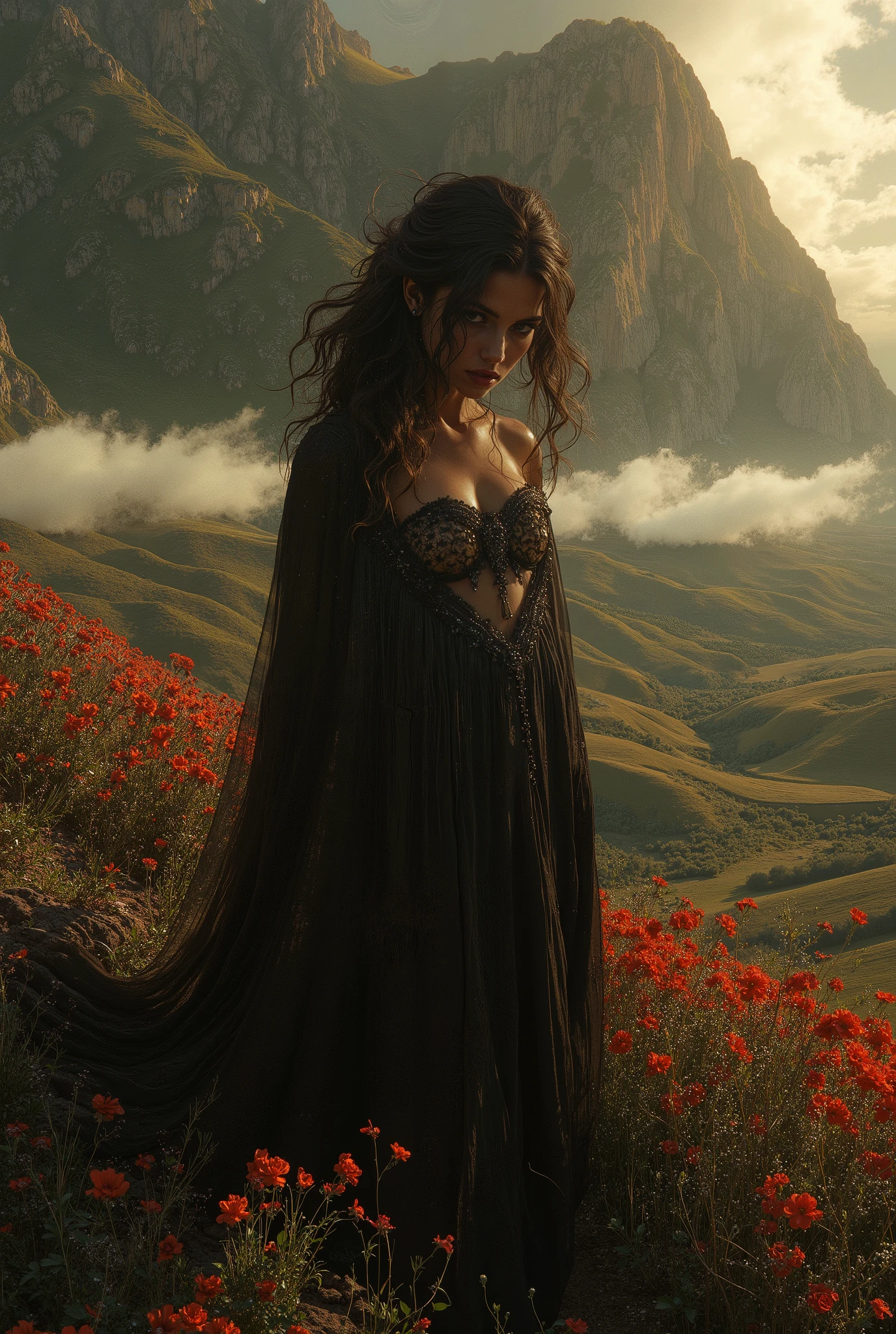 (Italian beautiful girl:1.3),(extremely detailed eyes and face,beautiful detailed eyes,beautiful detailed lips,longeyelashes:1.2),(elegant long dress,elegant hairstyle),(photorealistic,hyperrealistic,realistic:1.37),high quality,8k,ultra-detailed,best quality,photographic,vivid colors,warm lighting,natural lighting,natural skin tones,detailed background,detailed environment (beautiful and dreamy landscape painting),(natural landscape,rolling hills,lush vegetation,vibrant colors,warm lighting, morning,dramatic clouds,mist,fog,atmospheric,serene,tranquil,idyllic:1.2),(oil painting,digital painting,masterpiece:1.2),photorealistic,8k,detailed,vivid,dynamic composition,(mysterious,enigmatic:1.2),(surreal,avant-garde,conceptual art:1.1),organic shapes,textured brush strokes,dark tones,high contrast,emotive,evocative,atmospheric,cinematic