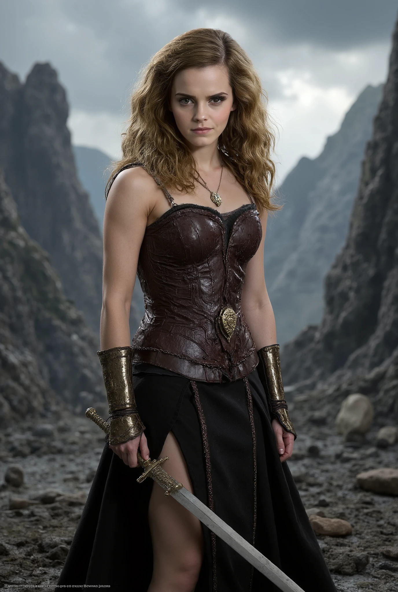 (extremely detailed CG 16k wallpaper:1.1), (Denoising strength: 1.45), (masterpiece:1.37), game style , Emma Watson as Warrior Princess Xena, hiper HD, dark fantasy