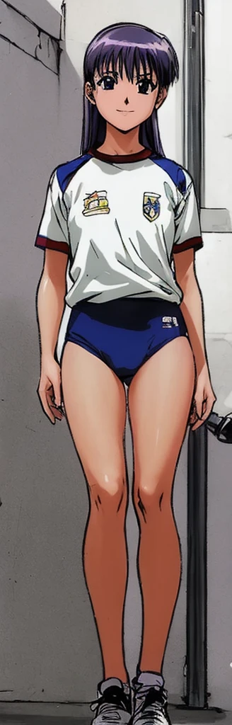 Momoko Koigakubo, a tall girl with beautiful legs, is standing with her legs spread to the sides in a white gym uniform and light navy blue bloomers that look like panties.。