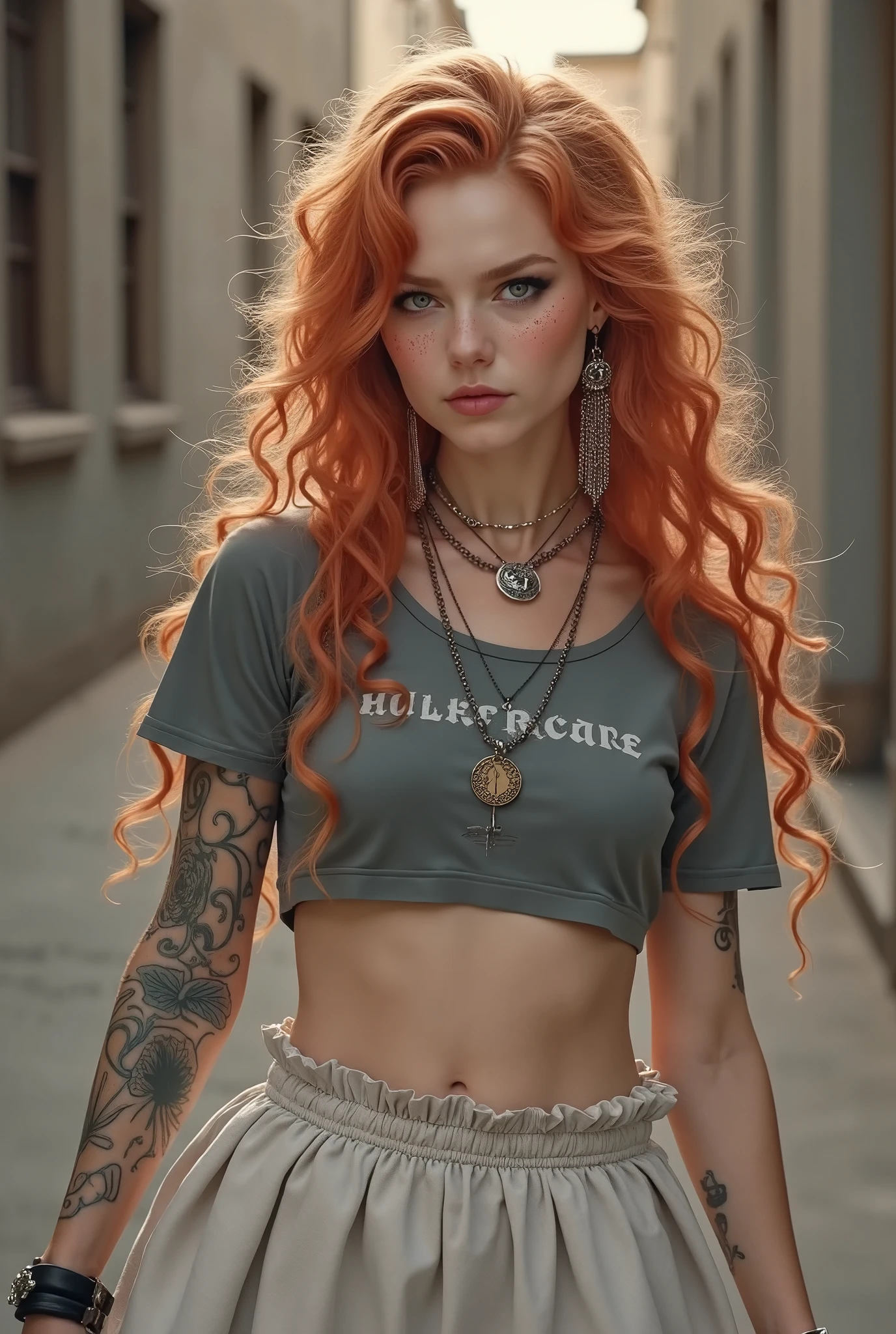 Arafed woman with red hair and tattoos standing in a alleyway - SeaArt AI