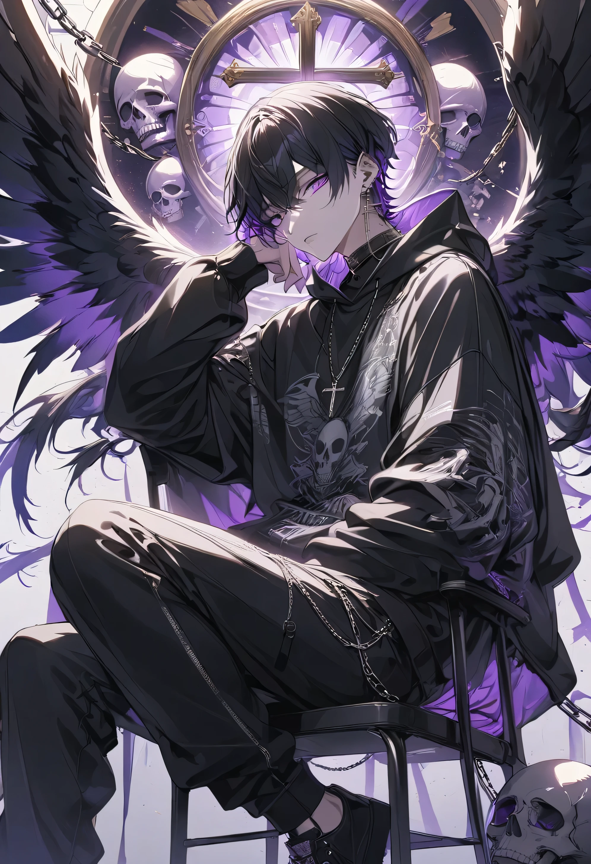 Score 9, Score 8 Up, Score 7 Up, 1 boy, Solo, Short hair, Looking at viewer, Bangs, Black hair, Jewelry, Chair, Sitting, Mouth closed, Purple eyes, Full body, Earrings, Black wings, Necklace, Chain, Cross, Long pants, Skull, Black hoodie, Black theme, Latin cross, Cool, Masterpiece, Top quality, Highly detailed, Beautiful, Detailed XL