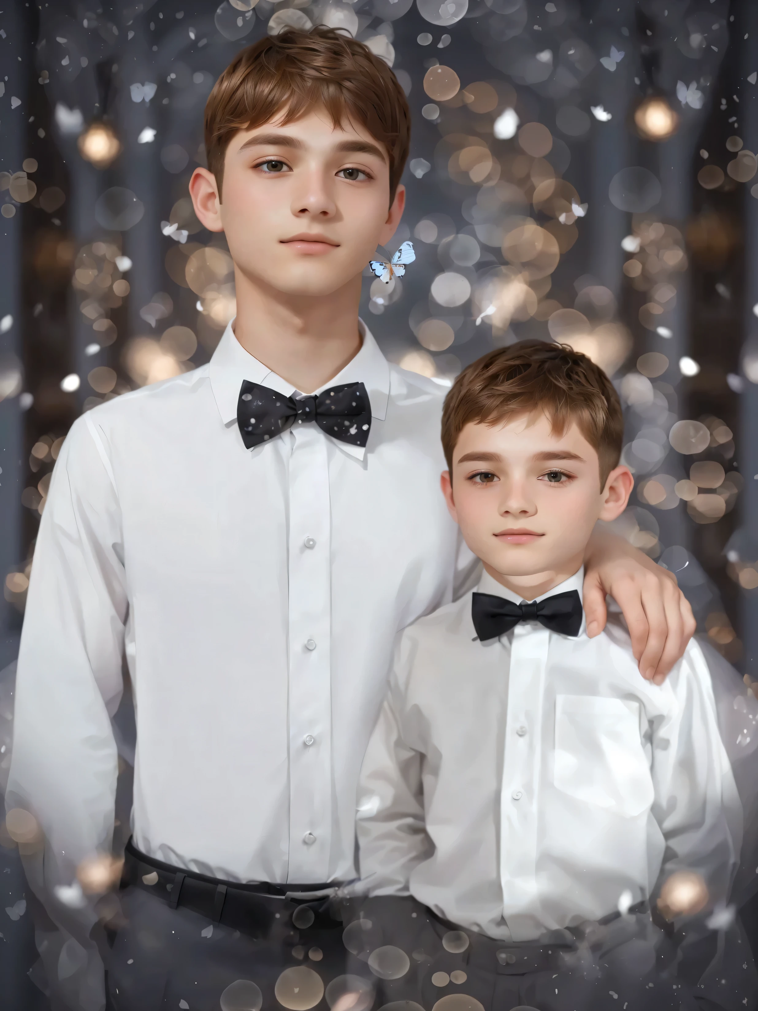  two boys in white shirts and butterflies,  photographic photo , extreme quality ,  maximum detail ,  top quality ,  masterpiece, 8k,  detailed hair as is , don't change hairstyles  