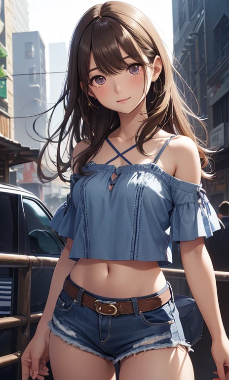 (Official art、Best Quality、Unity 8k Wallpapers、32K、 masterpiece、ultra-detailliert、High resolution,Perfect Anatomy),(natural soft light:1.2),Detailed beautiful face and eyes,20-year-old beauty、japanes、hi-school girl、brown hair,long hair,(skinny:1.2,,ideal ratio body proportions,medium breasts)、Beautiful hands with five fingers、parka、shortpants、bara shoulder、Bustling street、