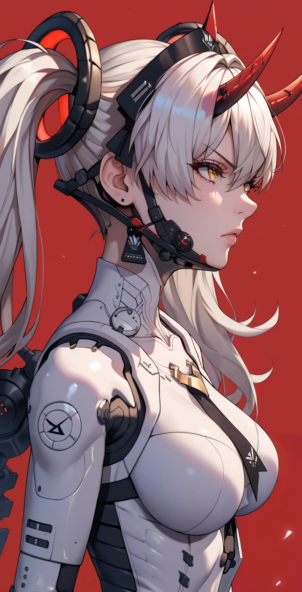 masterpiece, 1girl, Laurel, Punishing gray raven, amber eyes, Eyelashes, white hair, long hair, twintails, headgear, bodysuit, upper body, neutral, innexpressive, Frown, red background, simple background, score_9, score_8_up, score_7_up, unaestheticXL_bp5, Looking pleasured BREAK Rating_explicit, (Horns), Mechanical horns, Large breasts, Mechanical limbs, Mechanical vertebra attaching to back, Mechanical cervial attaching to neck, Mechanical bones, Mechanical collar bone, Mechanical shoulder blades, Black bones, Chest armor, From Side, (Short neck)