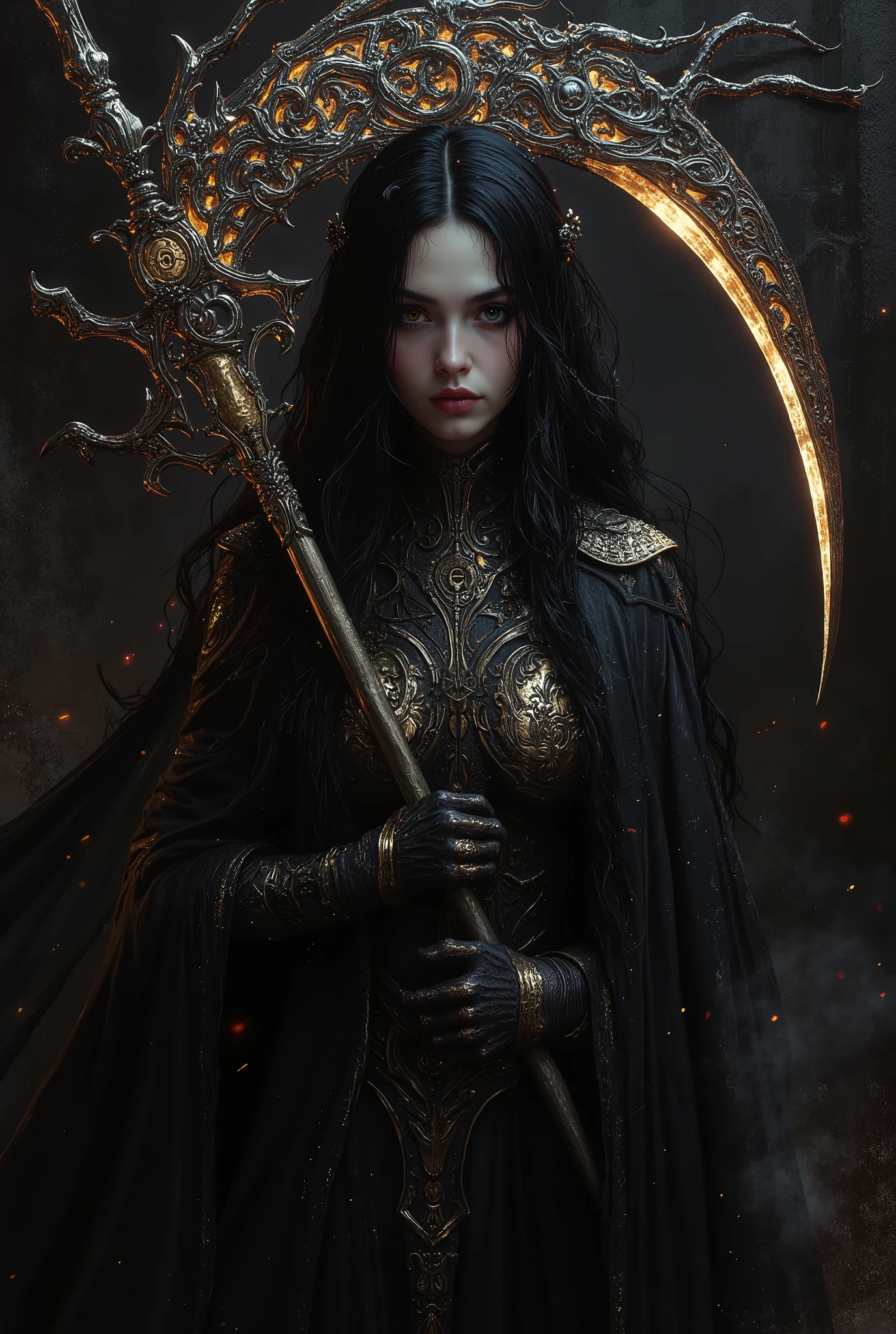 a dark-haired woman in a black dress, the most beautiful female death in the world, holding a scythe with the letters "EM" engraved on it, dark fantasy, gothic, dramatic lighting, cinematic, detailed portrait, chiaroscuro, dramatic pose, intricate clothing folds, muted colors, moody atmosphere, highly detailed, photorealistic, 8k, masterpiece, neon colored, (oil painting,digital painting,masterpiece:1.2),photorealistic,8k,detailed,vivid,dynamic composition (dark and gloomy abstract painting),(dark colors,moody,ominous,mysterious,enigmatic:1.2),(abstract,surreal,avant-garde,conceptual art:1.1),organic shapes,textured brush strokes,dark tones,high contrast,emotive,evocative,atmospheric,cinematic