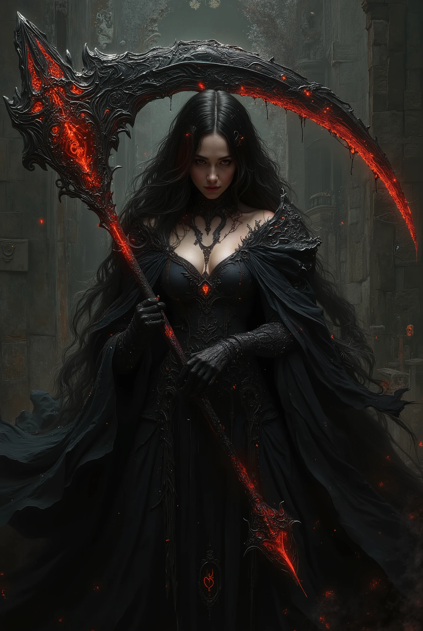 a dark-haired woman in a black dress, the most beautiful female death in the world, holding a scythe with the letters "EM" engraved on it, dark fantasy, gothic, dramatic lighting, cinematic, detailed portrait, chiaroscuro, dramatic pose, intricate clothing folds, muted colors, moody atmosphere, highly detailed, photorealistic, 8k, masterpiece, neon colored, (oil painting,digital painting,masterpiece:1.2),photorealistic,8k,detailed,vivid,dynamic composition (dark and gloomy abstract painting),(dark colors,moody,ominous,mysterious,enigmatic:1.2),(abstract,surreal,avant-garde,conceptual art:1.1),organic shapes,textured brush strokes,dark tones,high contrast,emotive,evocative,atmospheric,cinematic
